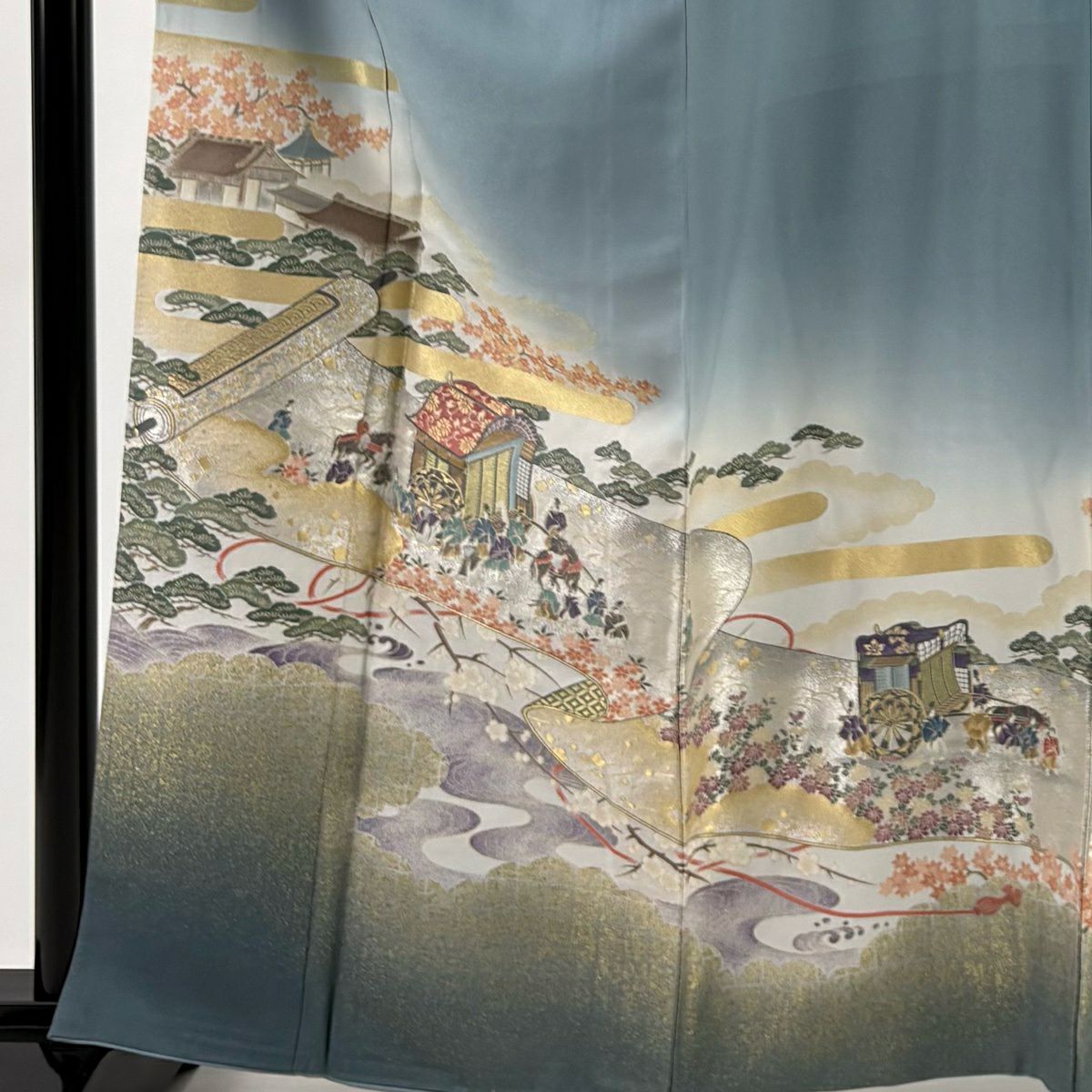 色留袖禮服 身長162.5cm 袖長63cm S 雙層 卷物 御所車 金銀彩 漸層 灰綠 純蠶絲 秀品級 一つ紋