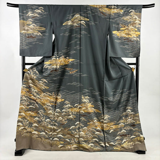 訪問服 身長176.5cm 袖長70cm 未仕立 雜色羽橋 松樹 金絲 金銀彩 灰綠 純蠶絲 優品級