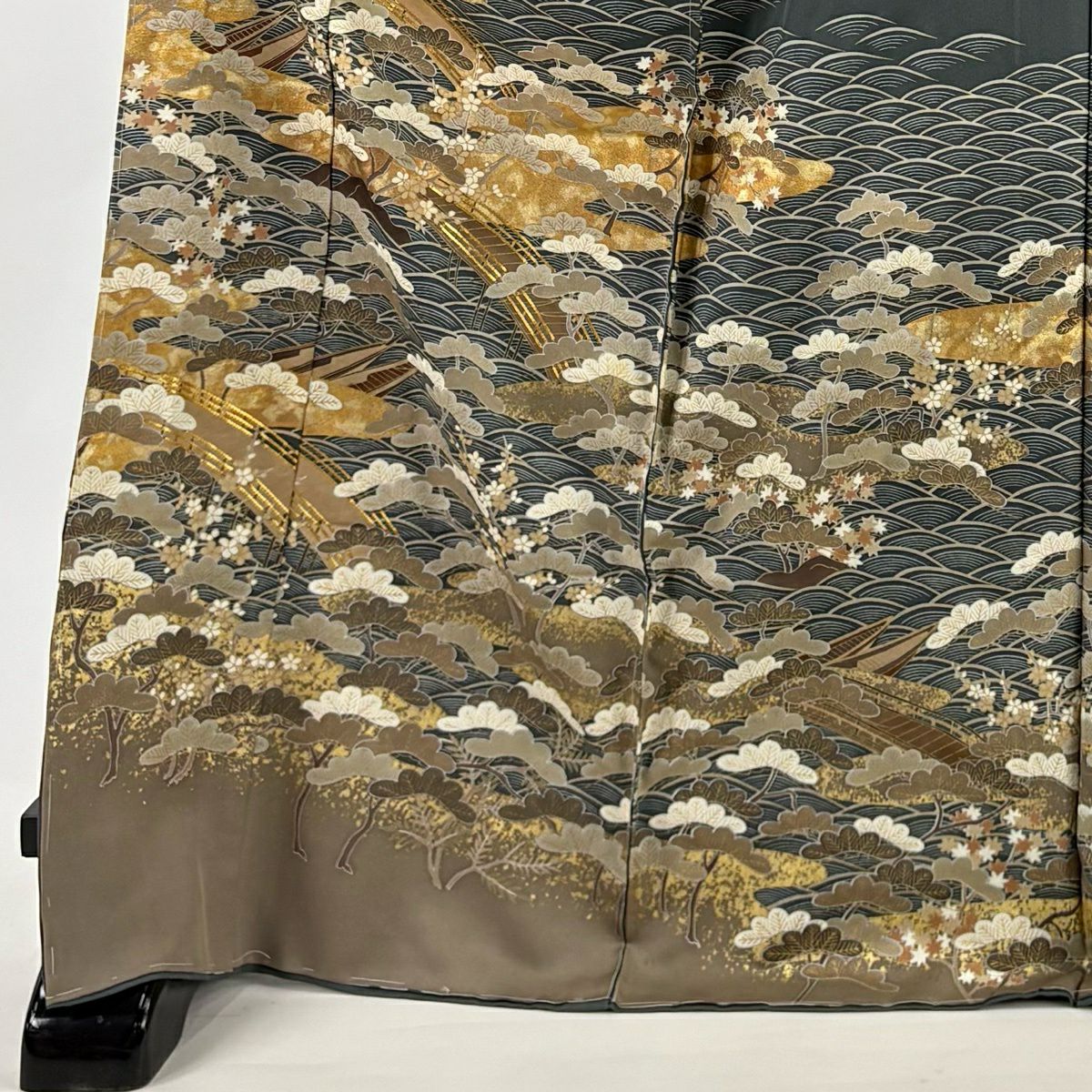 訪問服 身長176.5cm 袖長70cm 未仕立 雜色羽橋 松樹 金絲 金銀彩 灰綠 純蠶絲 優品級