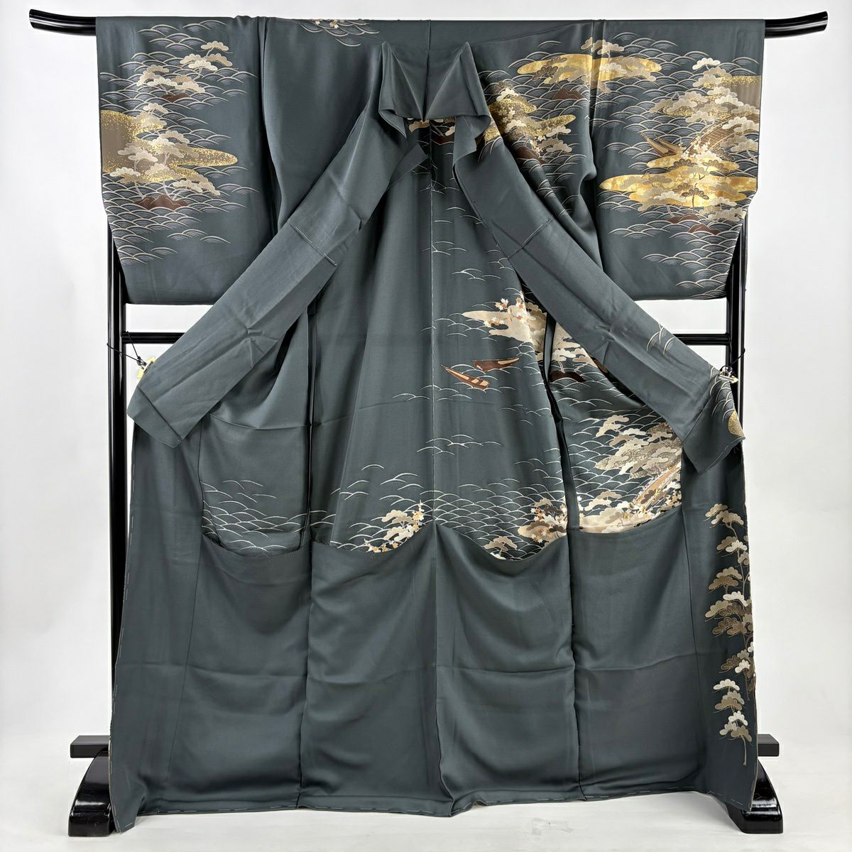 訪問服 身長176.5cm 袖長70cm 未仕立 雜色羽橋 松樹 金絲 金銀彩 灰綠 純蠶絲 優品級