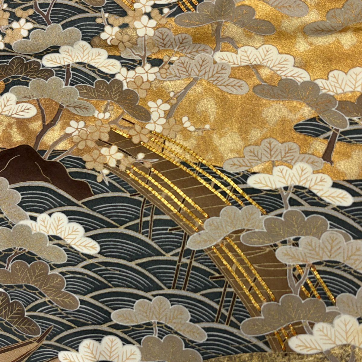 訪問服 身長176.5cm 袖長70cm 未仕立 雜色羽橋 松樹 金絲 金銀彩 灰綠 純蠶絲 優品級