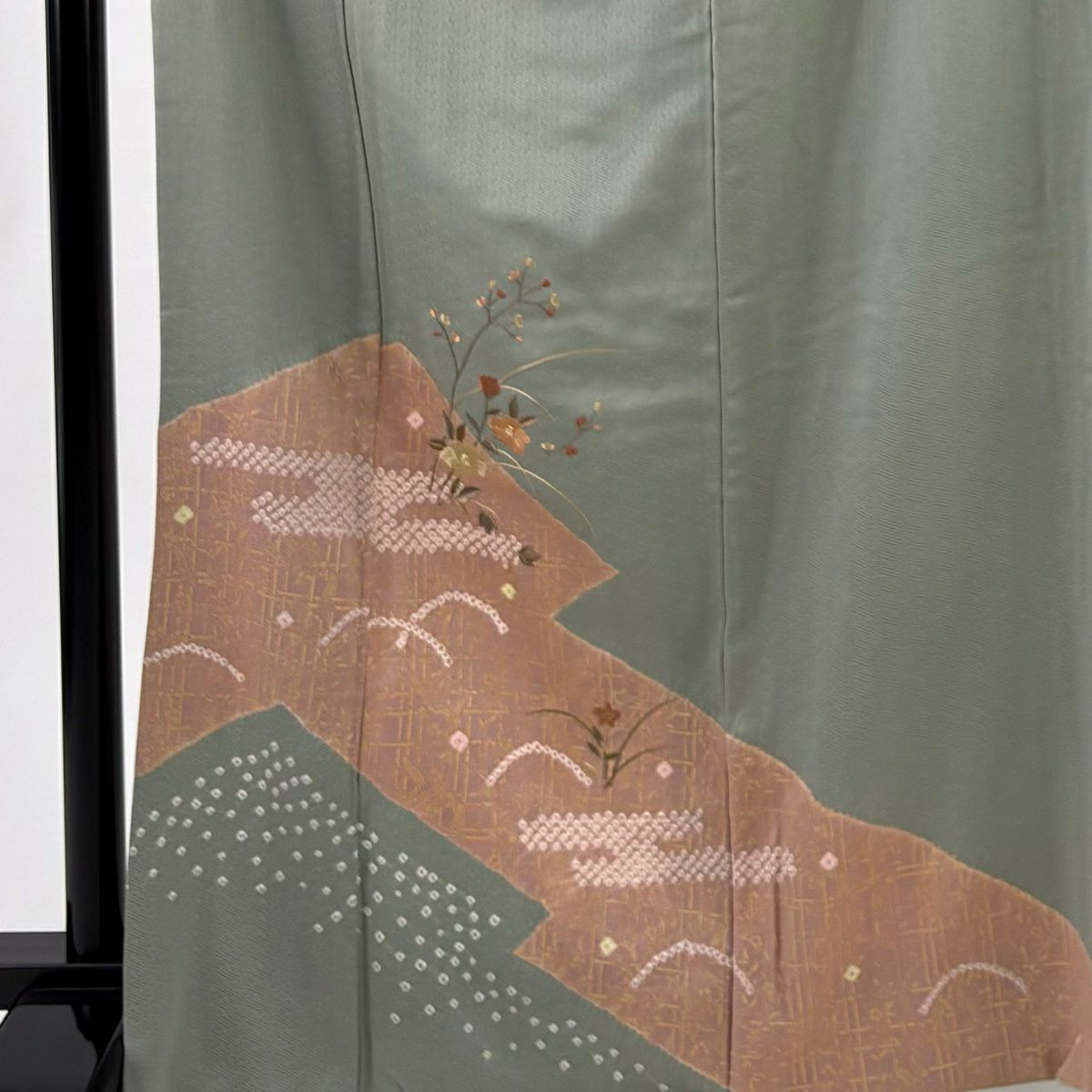 付下 身長166cm 袖長64.5cm M 雙層 草花紋紋 薄霞刺繡 絞染 灰綠 純蠶絲 優品級