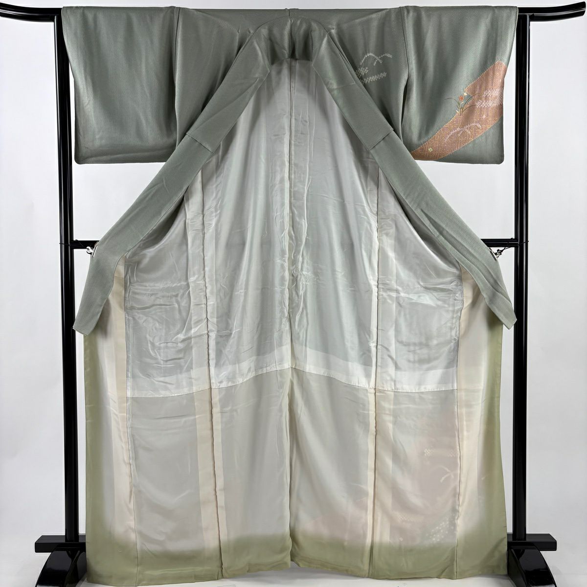 付下 身長166cm 袖長64.5cm M 雙層 草花紋紋 薄霞刺繡 絞染 灰綠 純蠶絲 優品級