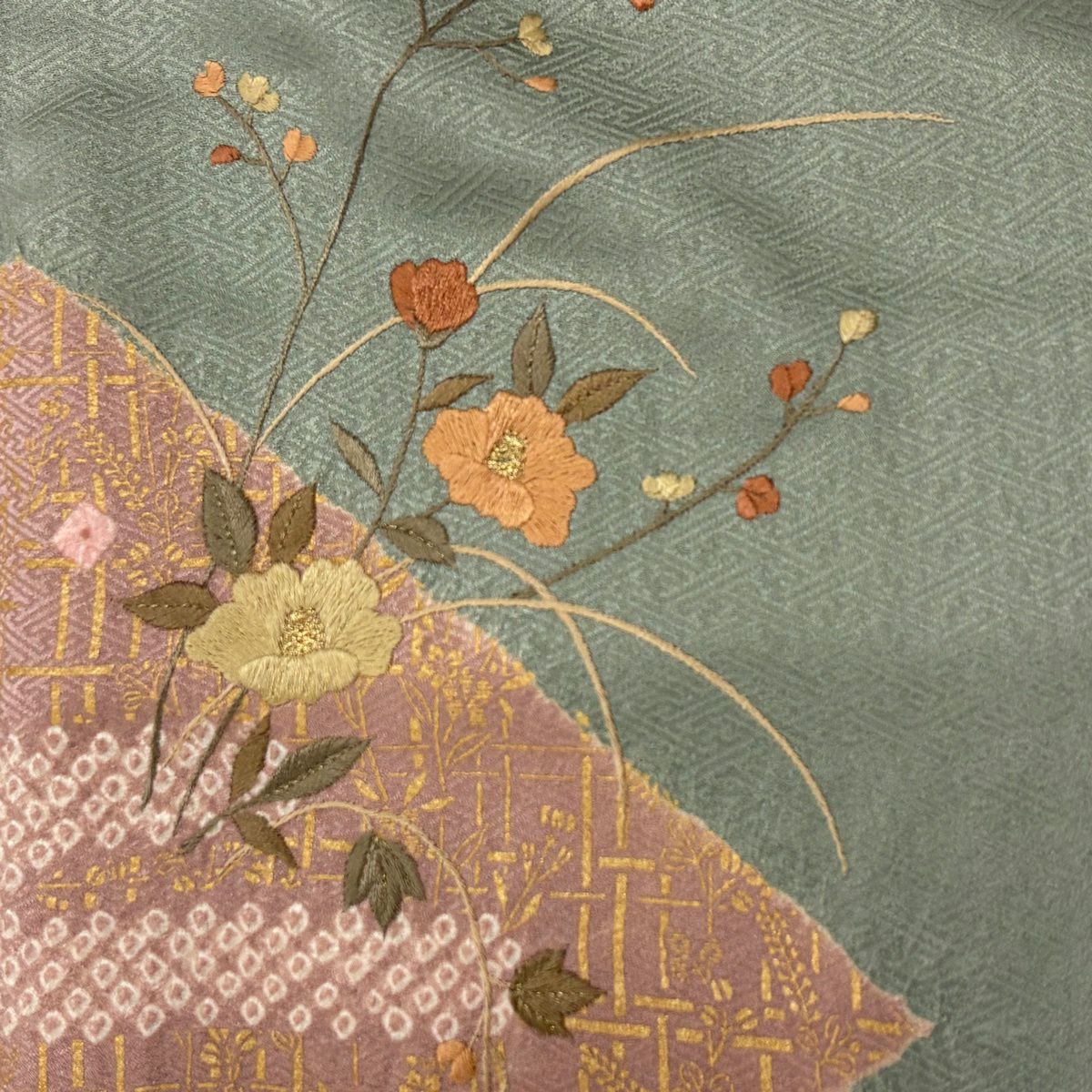 付下 身長166cm 袖長64.5cm M 雙層 草花紋紋 薄霞刺繡 絞染 灰綠 純蠶絲 優品級
