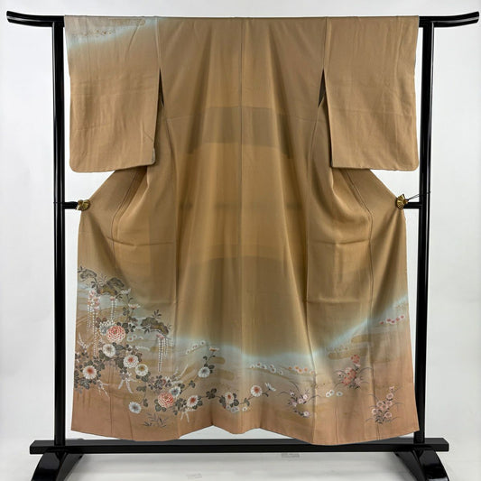 訪問服 身長155cm 袖長62.5cm S 雙層 菊花 松樹 金銀彩 漸層 淺茶 純蠶絲 優品級