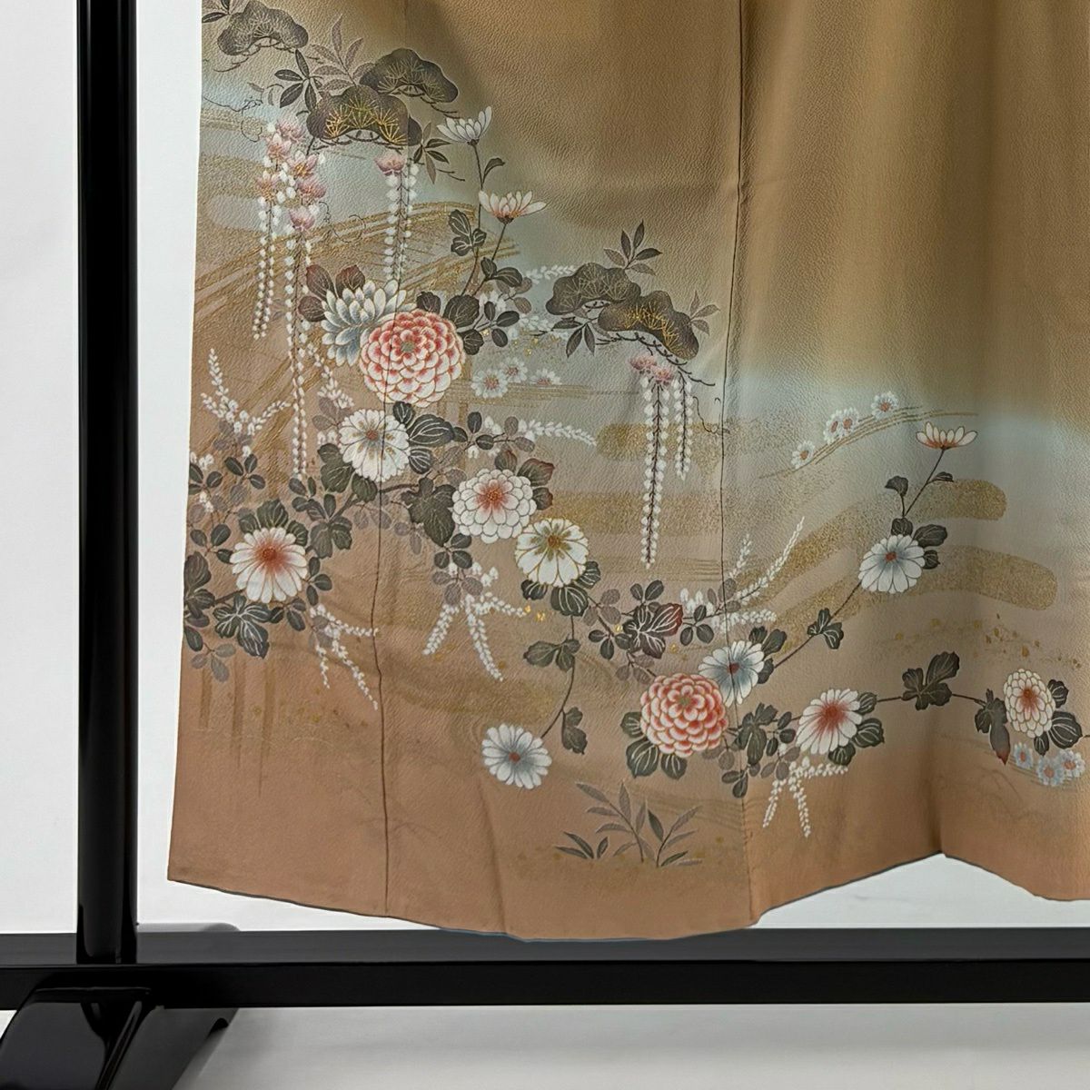 訪問服 身長155cm 袖長62.5cm S 雙層 菊花 松樹 金銀彩 漸層 淺茶 純蠶絲 優品級