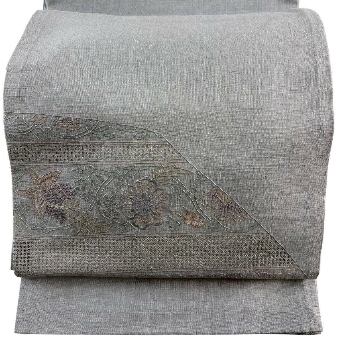 袋帶 秀品級 紬織織 草花紋紋 刺繡 青灰 素材 純蠶絲
