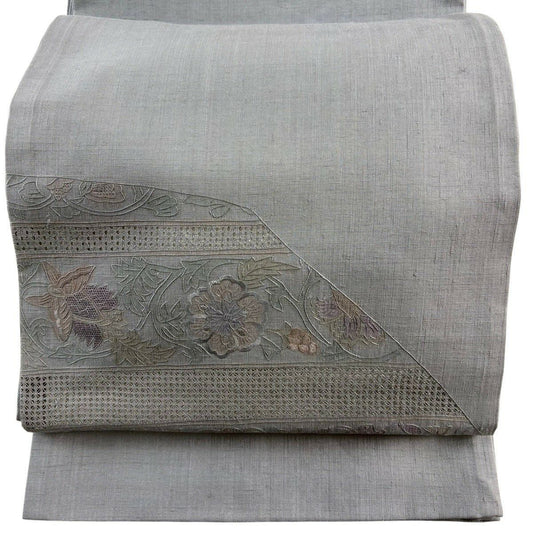 袋帶 秀品級 紬織織 草花紋紋 刺繡 青灰 素材 純蠶絲