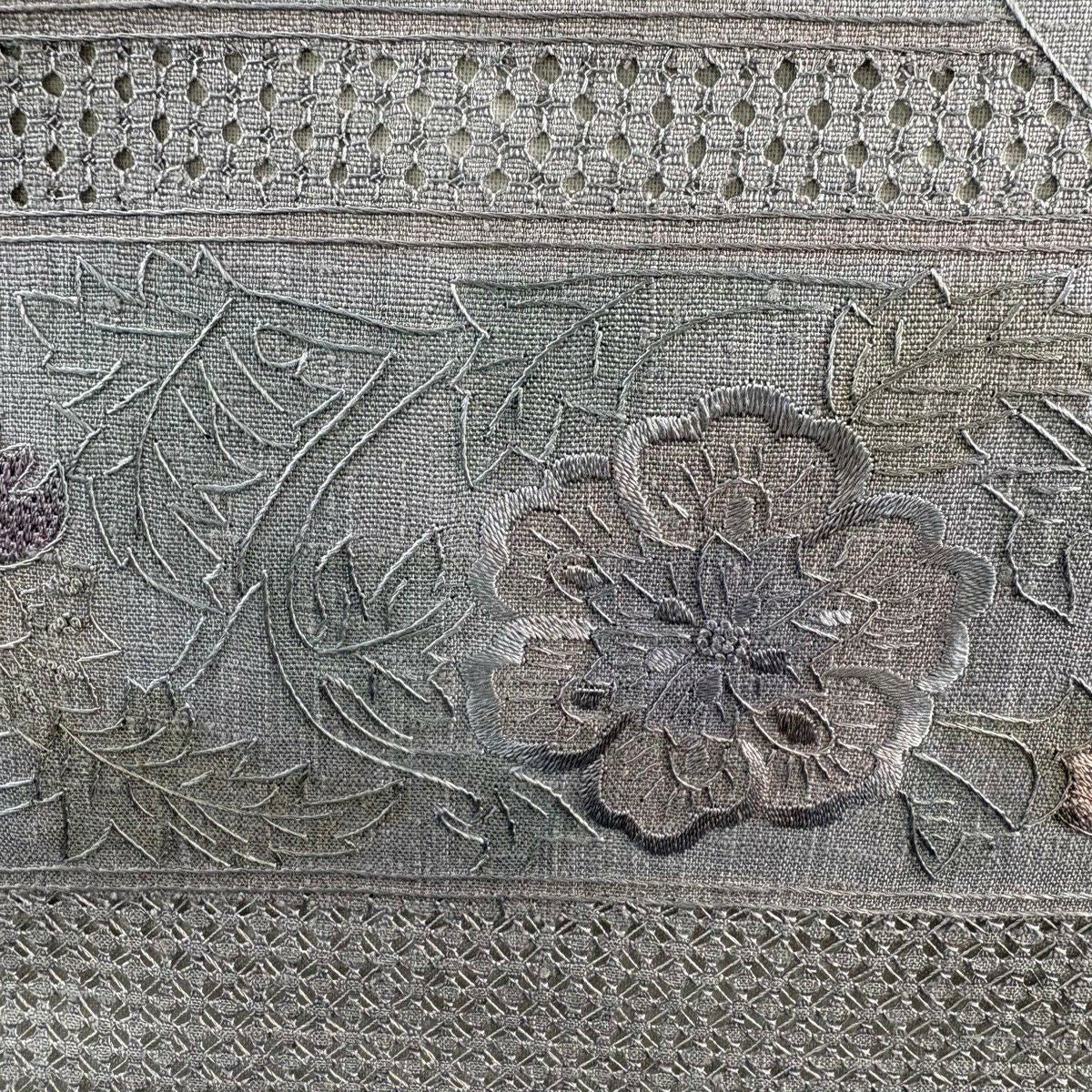 袋帶 秀品級 紬織織 草花紋紋 刺繡 青灰 素材 純蠶絲