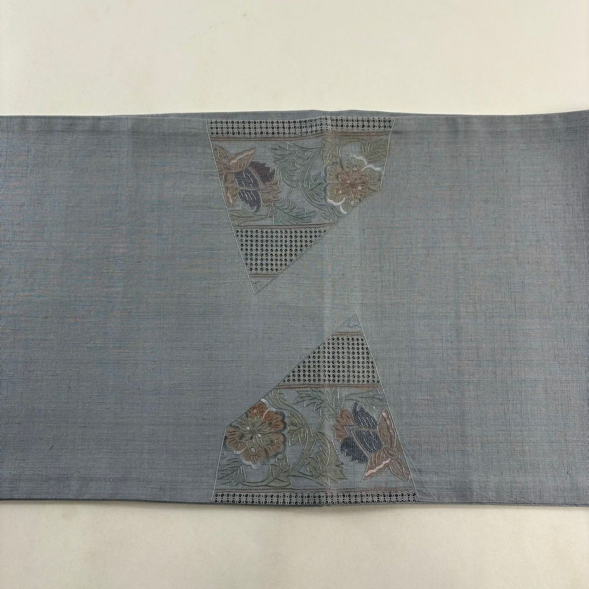袋帶 秀品級 紬織織 草花紋紋 刺繡 青灰 素材 純蠶絲