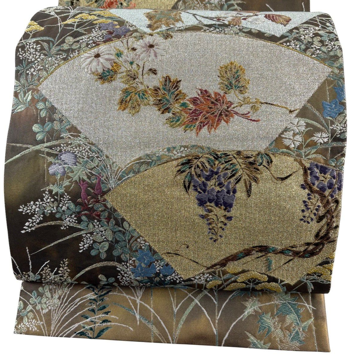 【美品】 袋帶 秀品級 遊扇子草花紋紋 金銀彩 金茶 お太鼓柄 純蠶絲