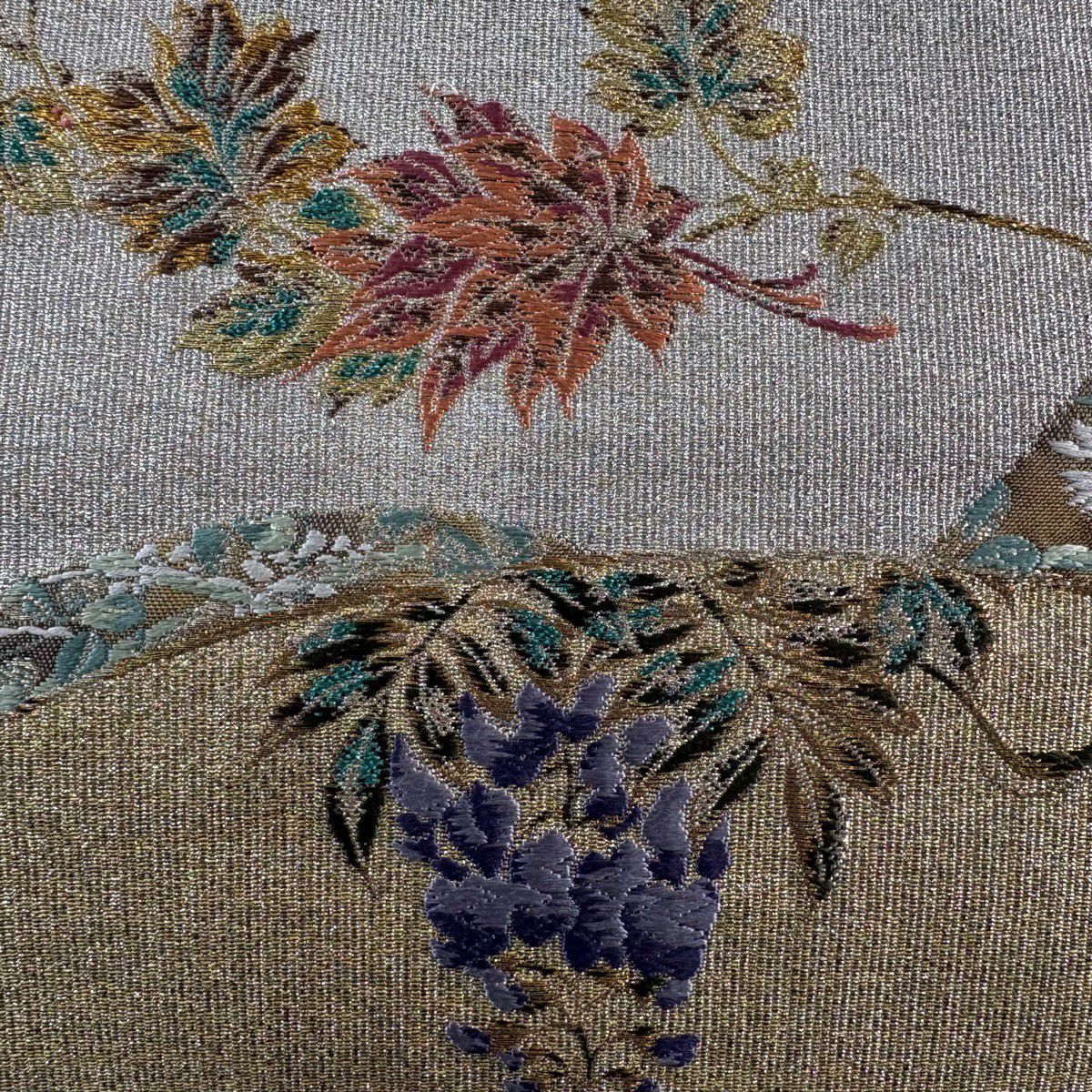 【美品】 袋帶 秀品級 遊扇子草花紋紋 金銀彩 金茶 お太鼓柄 純蠶絲