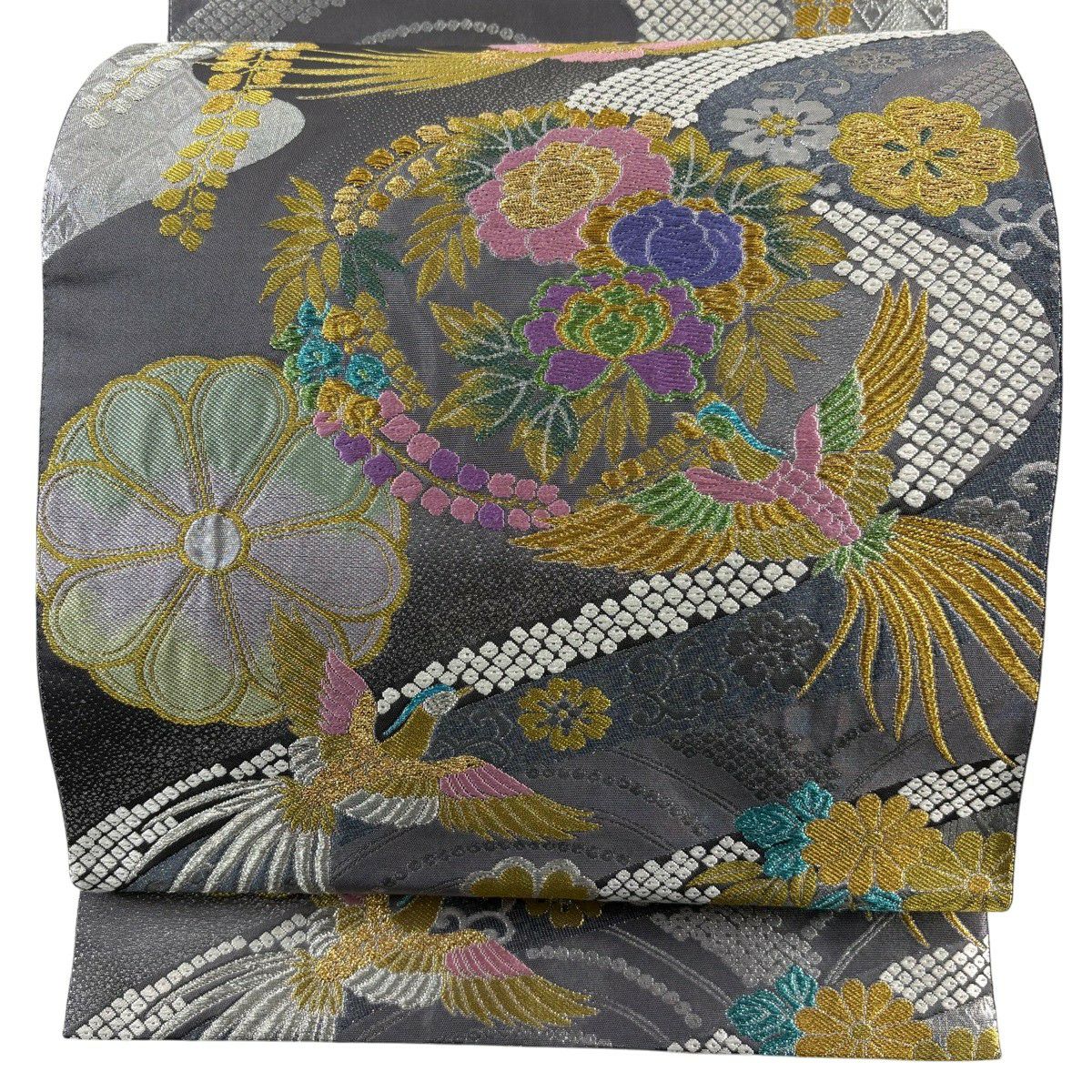 【美品】 袋帶 秀品級 花丸紋 尾長鳥 金銀絲 金金箔 灰色 全通 純蠶絲