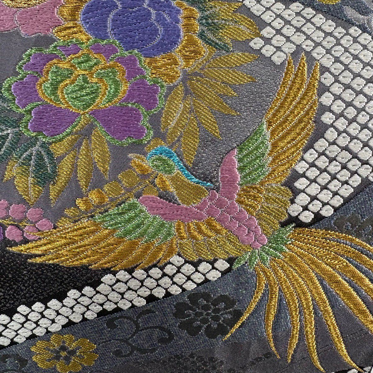 【美品】 袋帶 秀品級 花丸紋 尾長鳥 金銀絲 金金箔 灰色 全通 純蠶絲