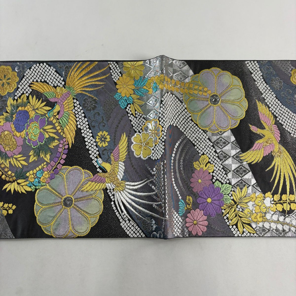 【美品】 袋帶 秀品級 花丸紋 尾長鳥 金銀絲 金金箔 灰色 全通 純蠶絲