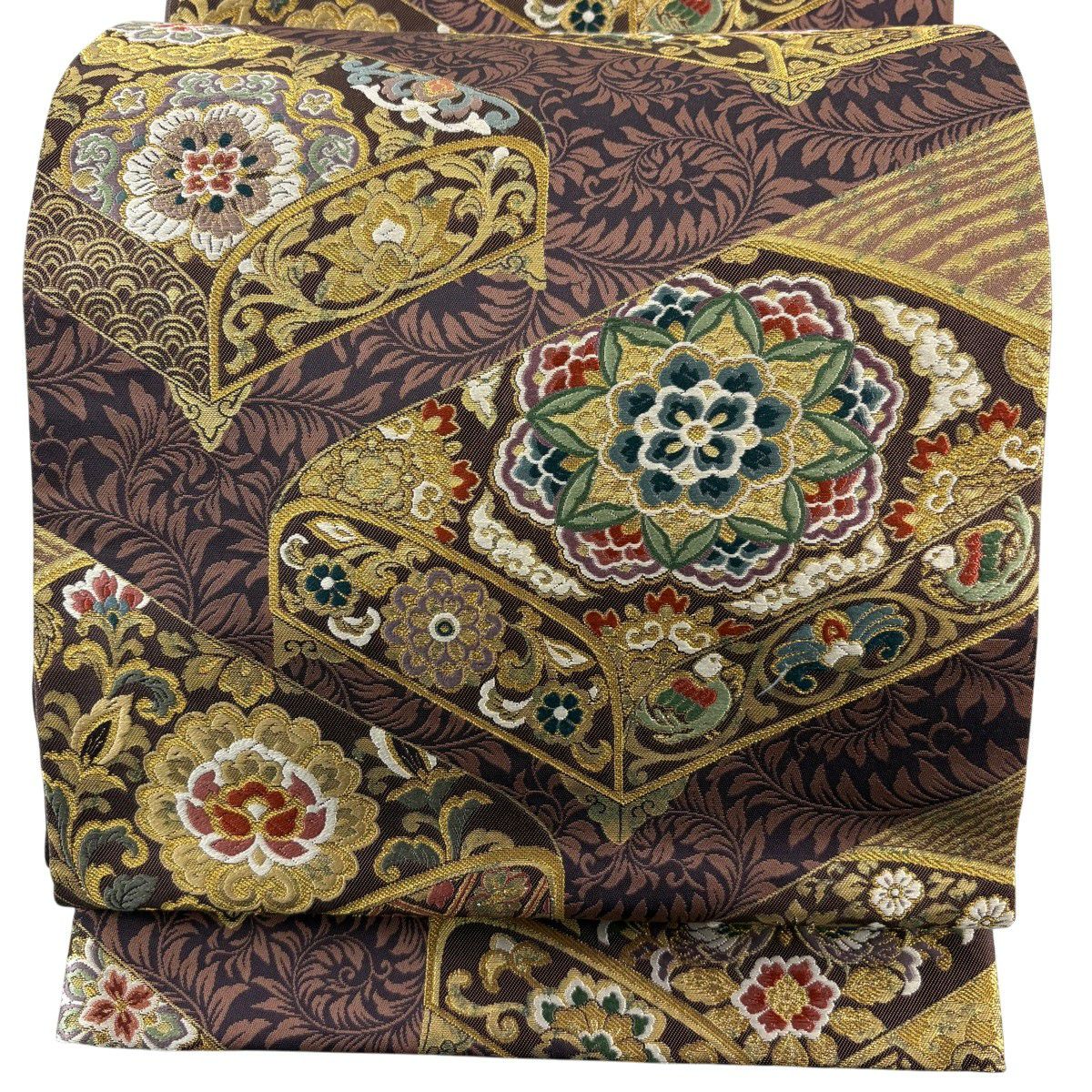 【美品】 袋帶 秀品級 文箱 華紋 金銀彩 金金箔 茶 六通 純蠶絲