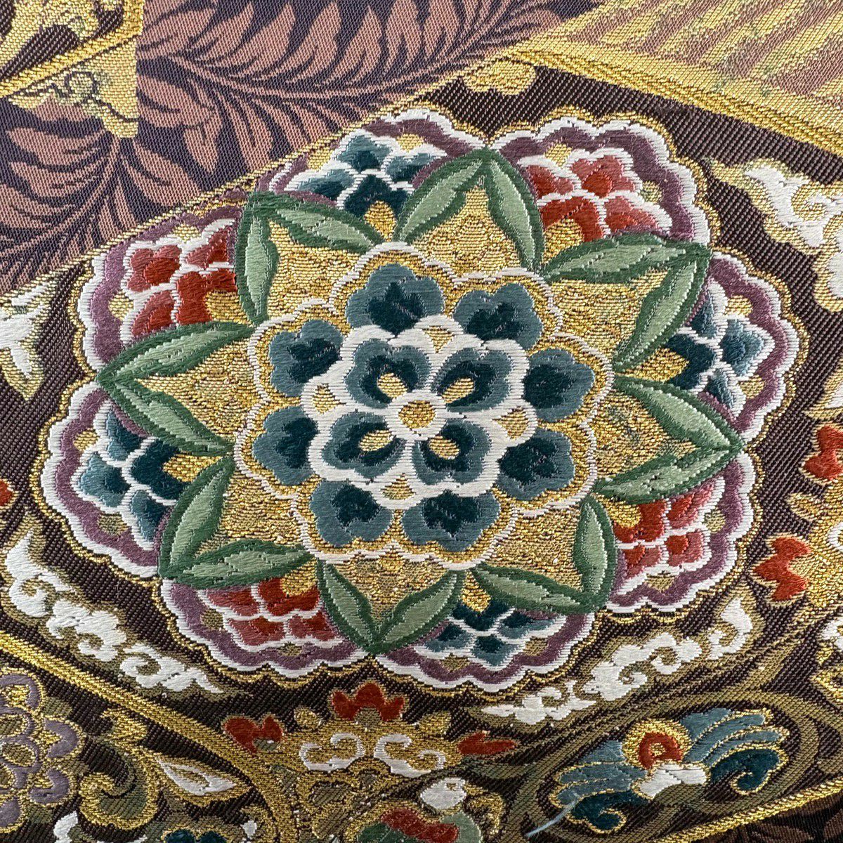 【美品】 袋帶 秀品級 文箱 華紋 金銀彩 金金箔 茶 六通 純蠶絲