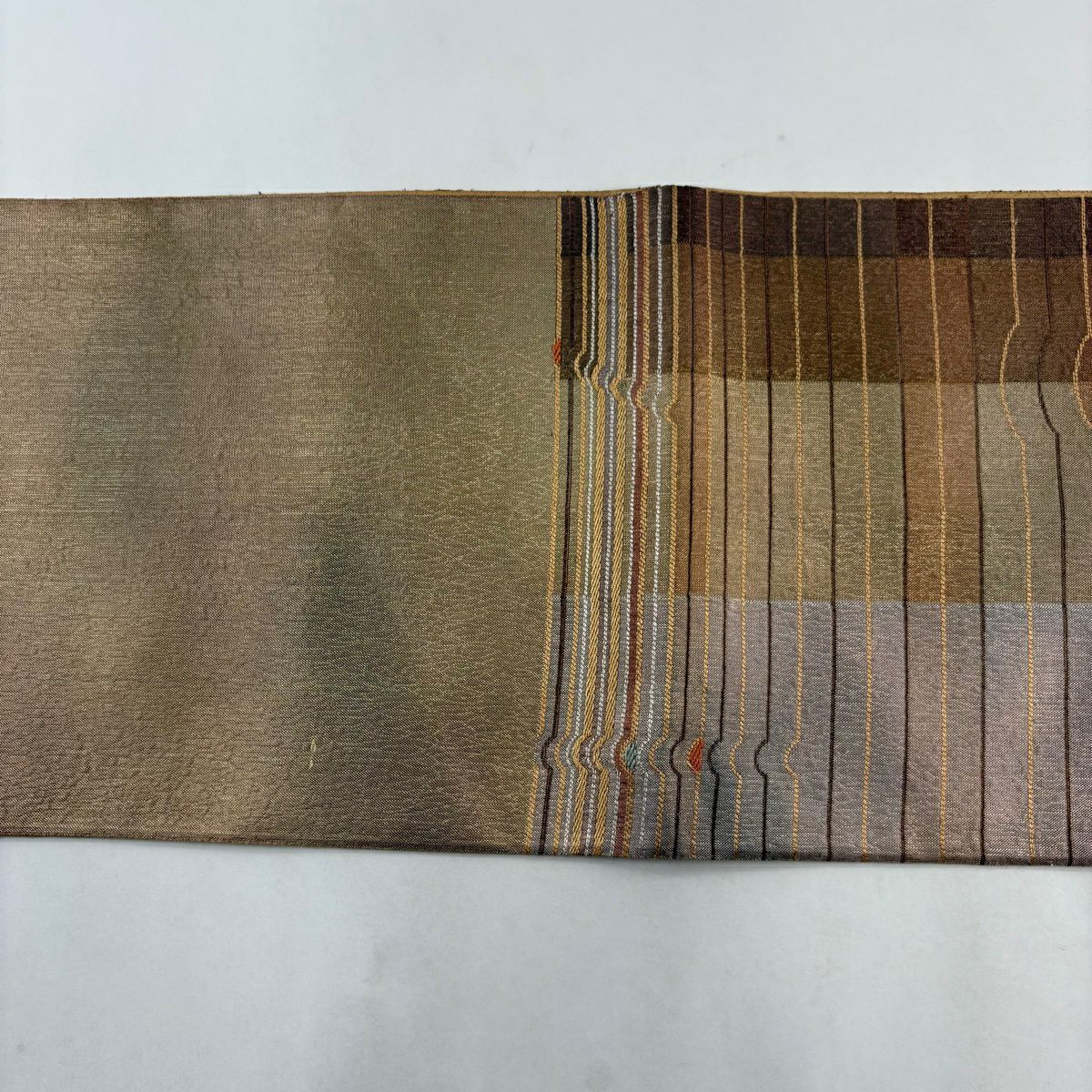 【美品】 袋帶 秀品級 條紋 幾何學 金絲 茶 六通 純蠶絲