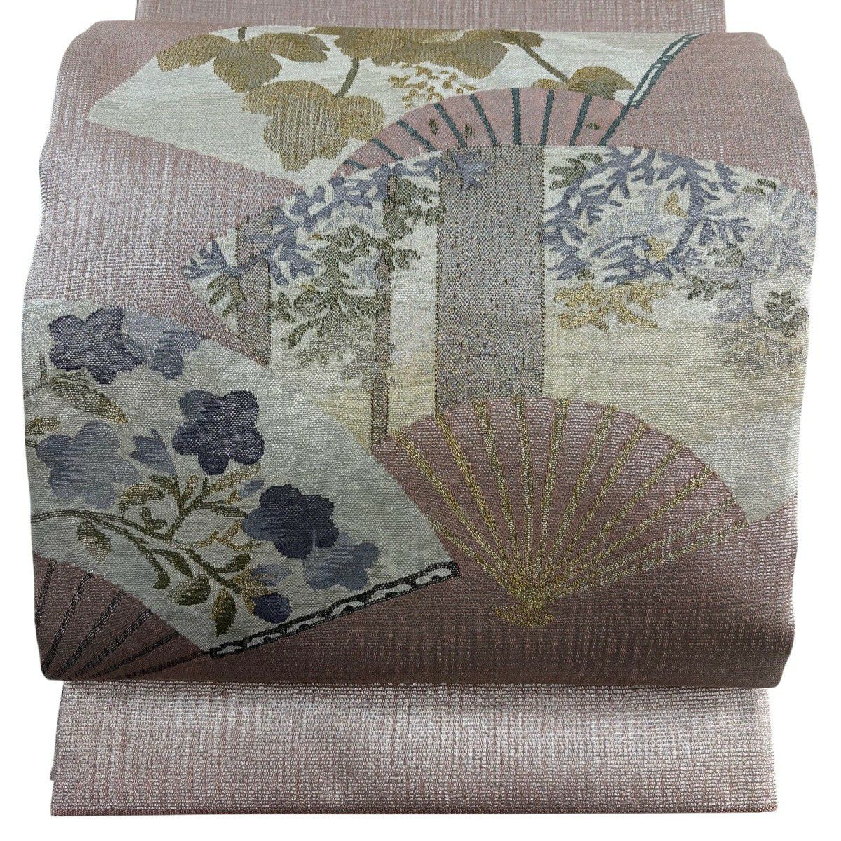 【美品】 袋帶 秀品級 關西仕立 雙扇子 草花紋紋 金銀彩 粉紅 細帶圖案 純蠶絲