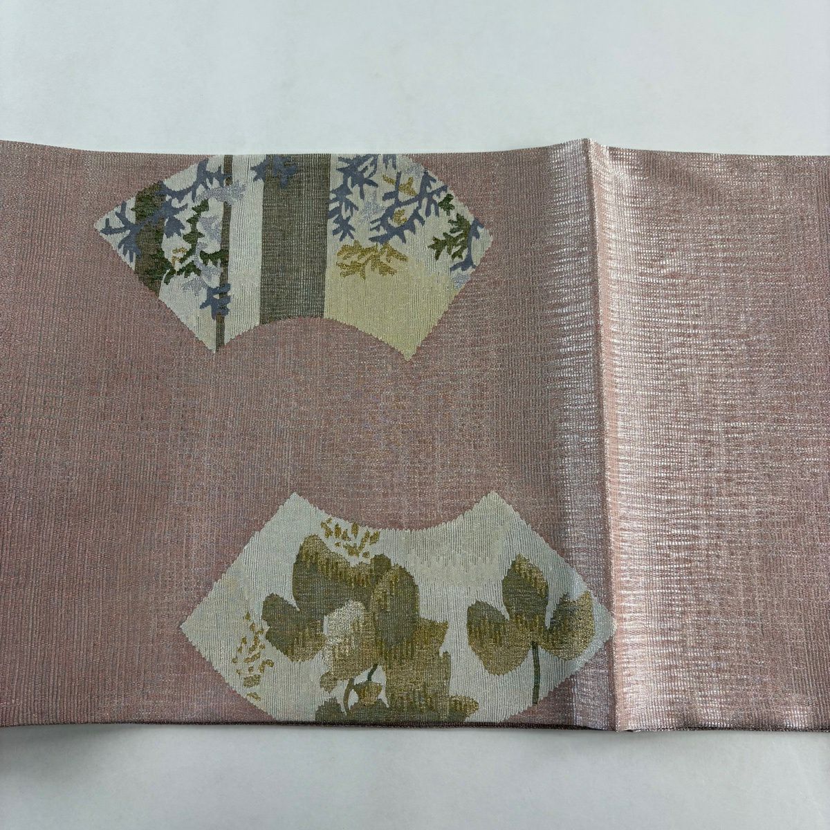 【美品】 袋帶 秀品級 關西仕立 雙扇子 草花紋紋 金銀彩 粉紅 細帶圖案 純蠶絲