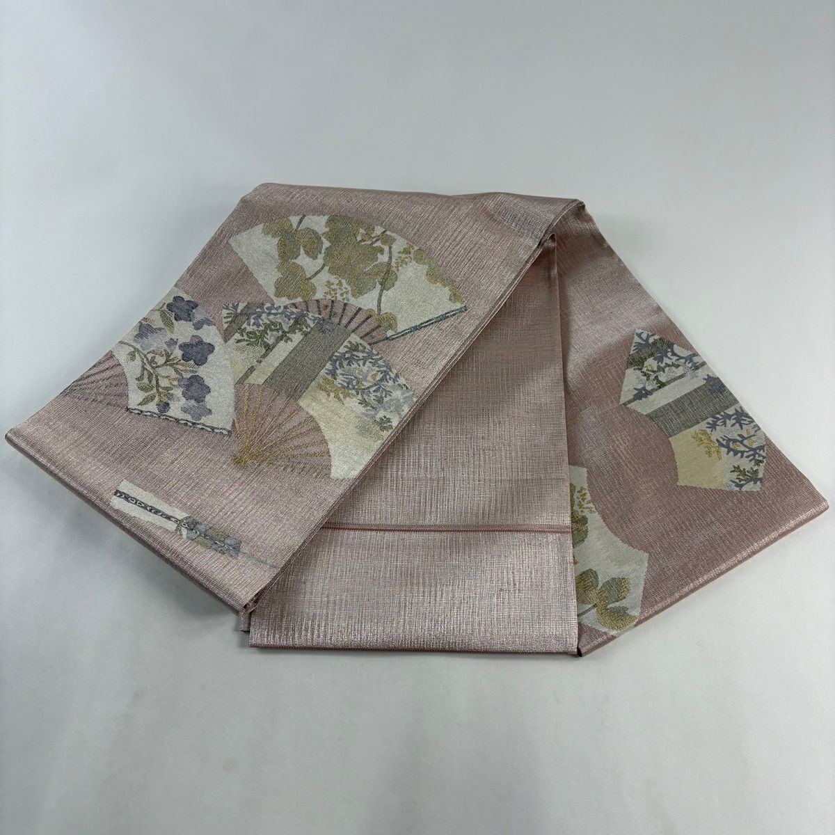 【美品】 袋帶 秀品級 關西仕立 雙扇子 草花紋紋 金銀彩 粉紅 細帶圖案 純蠶絲