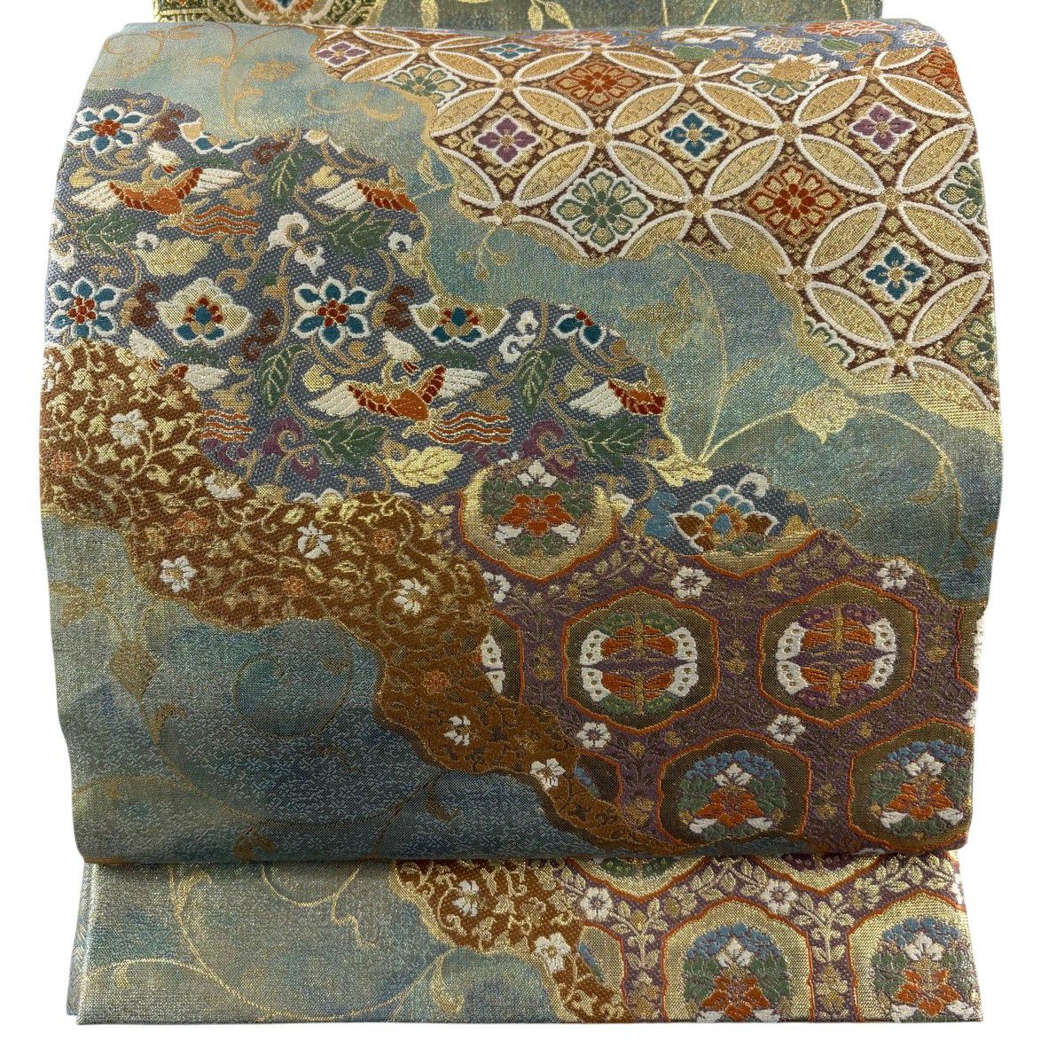 【美品】 袋帶 秀品級 花鳥 有職紋樣 金絲 金金箔 淺綠 六通 純蠶絲
