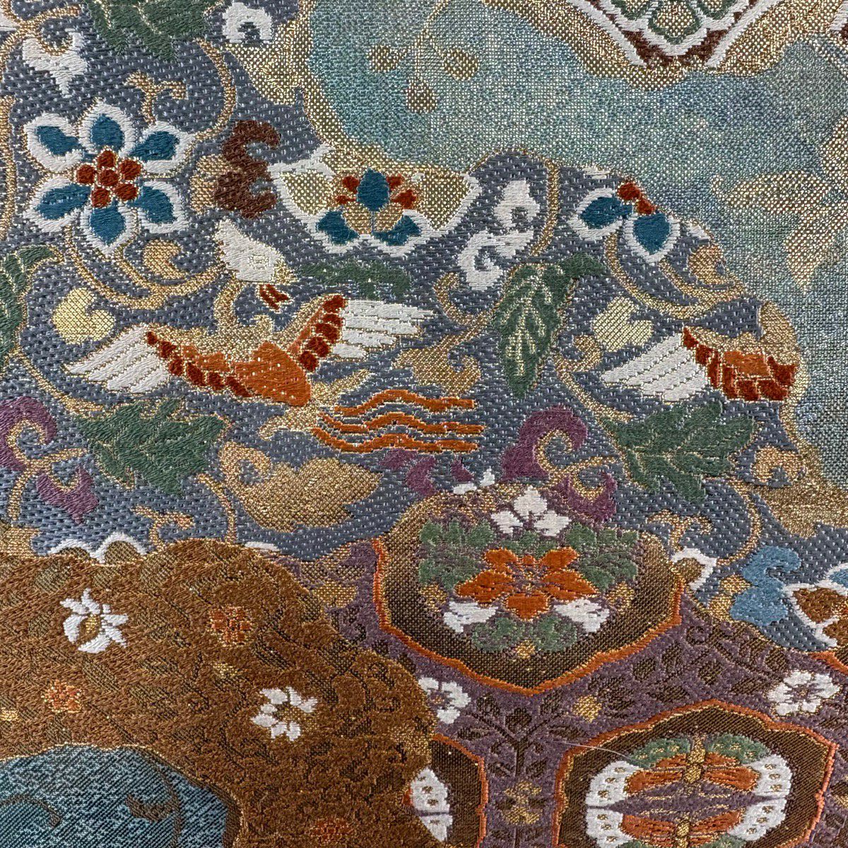 【美品】 袋帶 秀品級 花鳥 有職紋樣 金絲 金金箔 淺綠 六通 純蠶絲