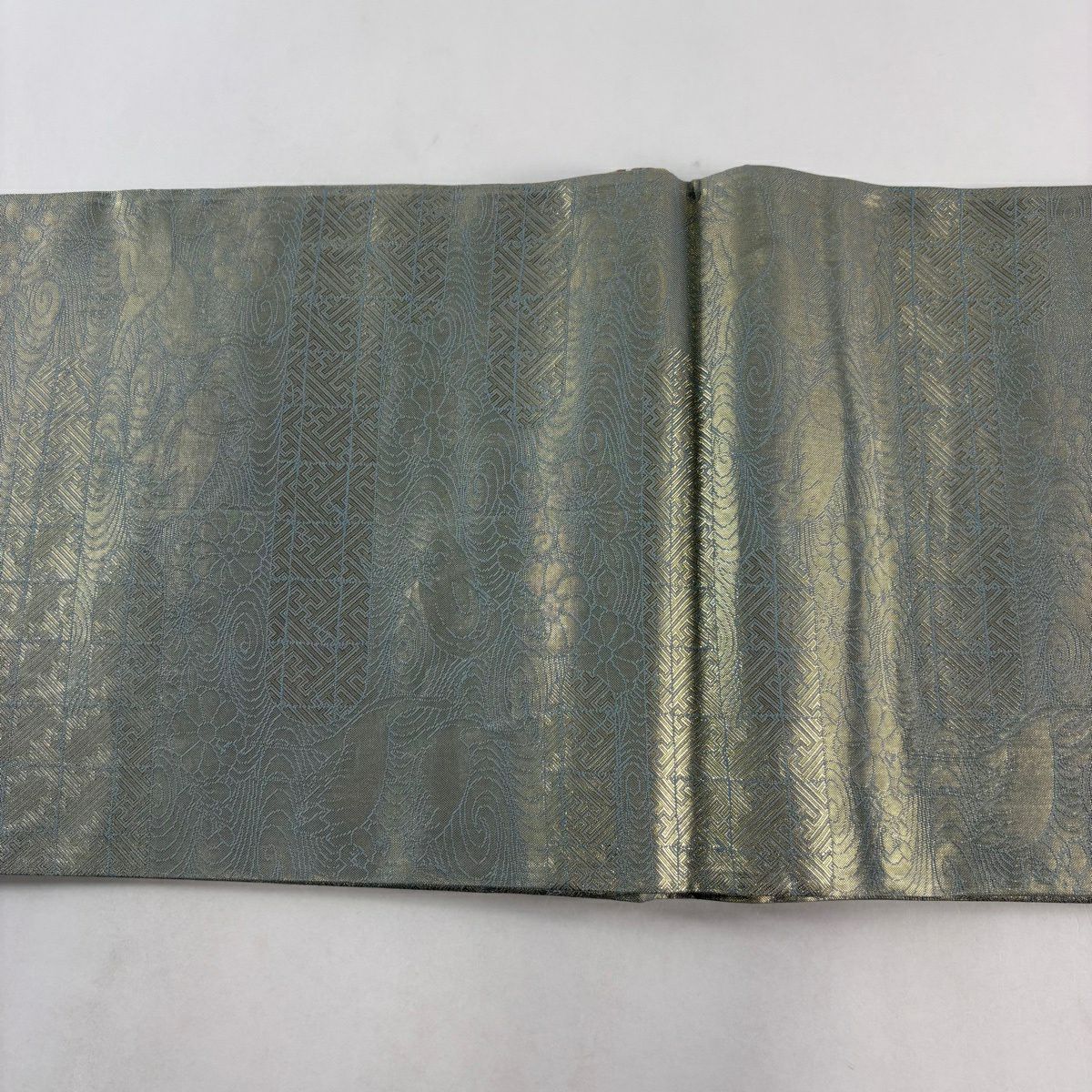 【美品】 袋帶 秀品級 花鳥 有職紋樣 金絲 金金箔 淺綠 六通 純蠶絲