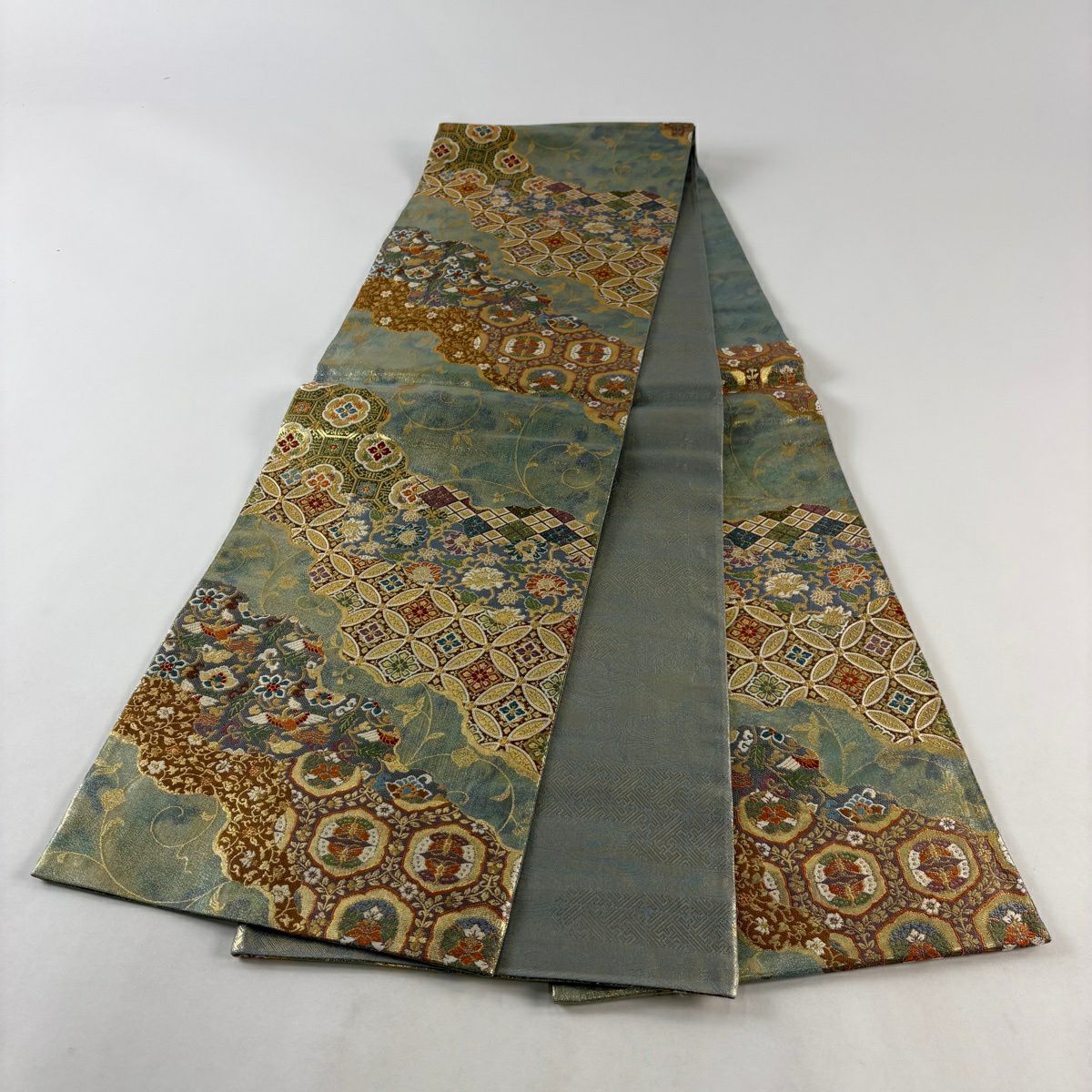 【美品】 袋帶 秀品級 花鳥 有職紋樣 金絲 金金箔 淺綠 六通 純蠶絲