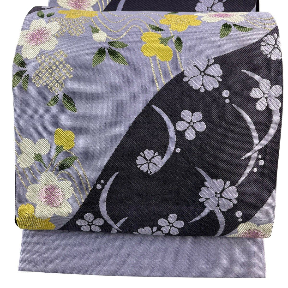 【美品】 袋帶 秀品級 樱花 流水 淡紫 六通 純蠶絲