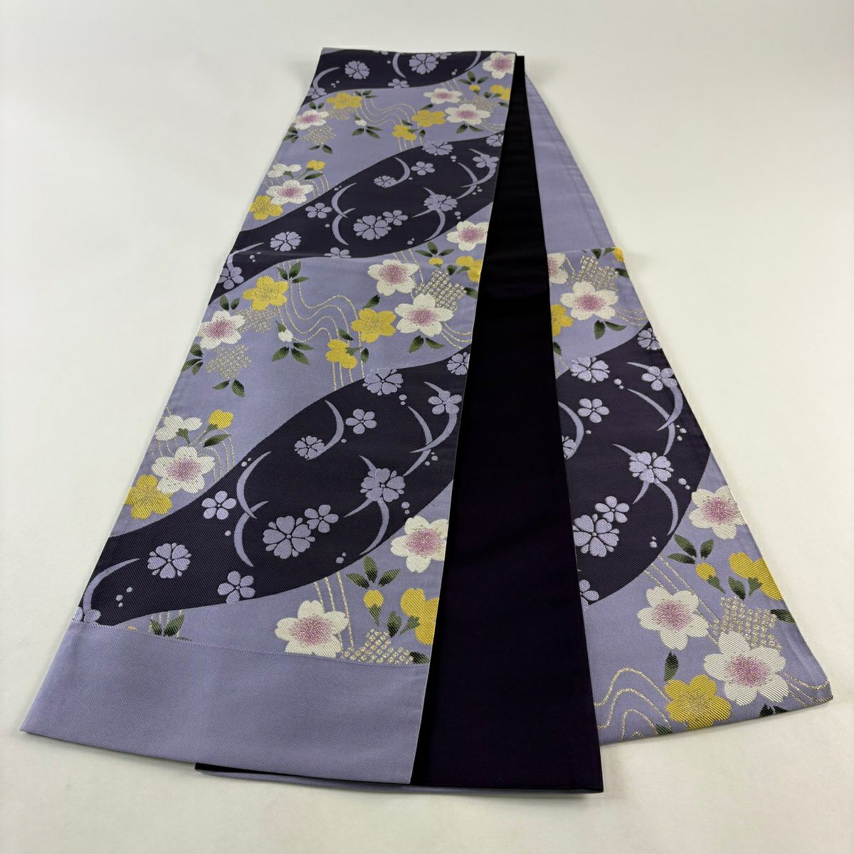 【美品】 袋帶 秀品級 樱花 流水 淡紫 六通 純蠶絲