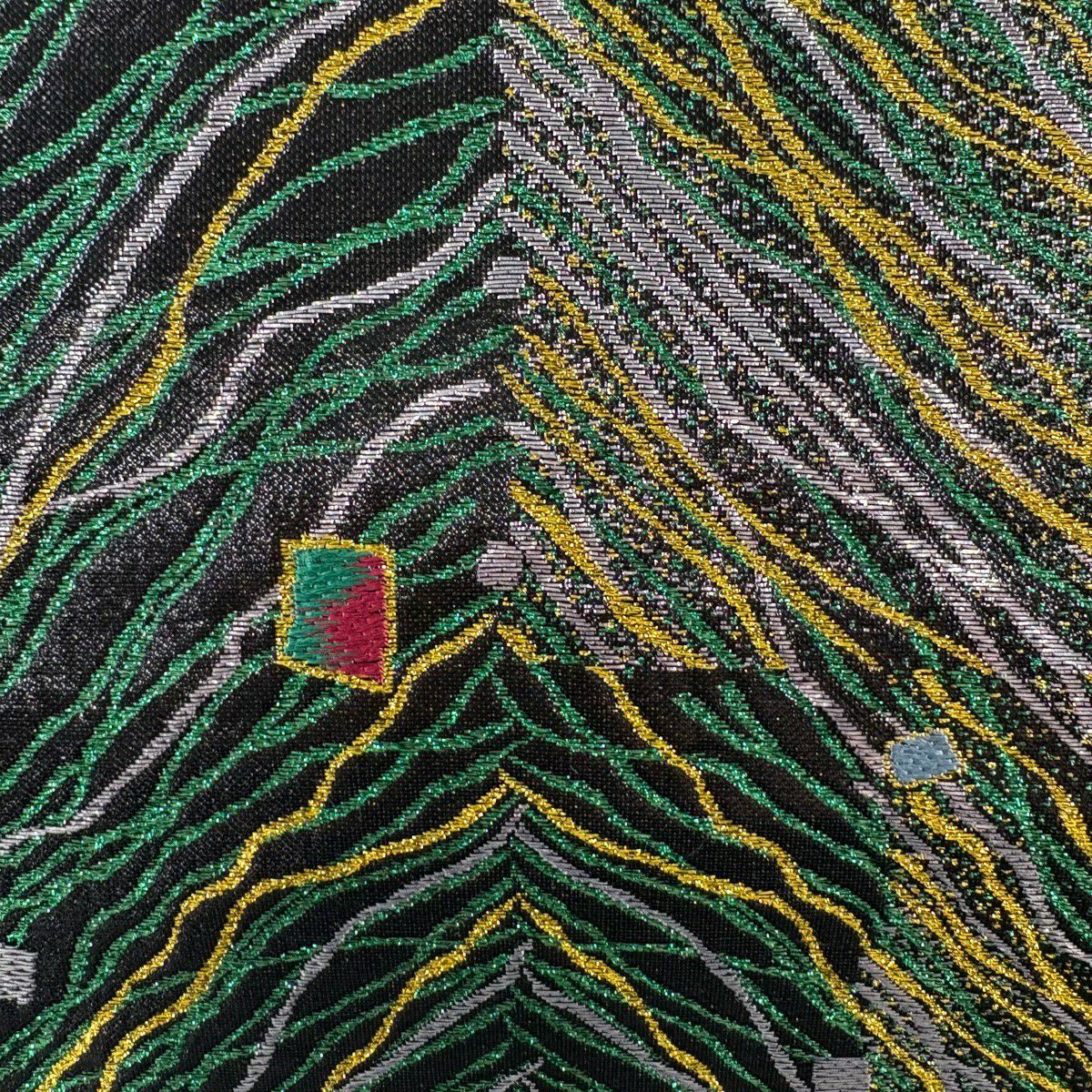 【美品】 袋帶 秀品級 振袖禮服禮服用 幾何學 綠 六通 純蠶絲