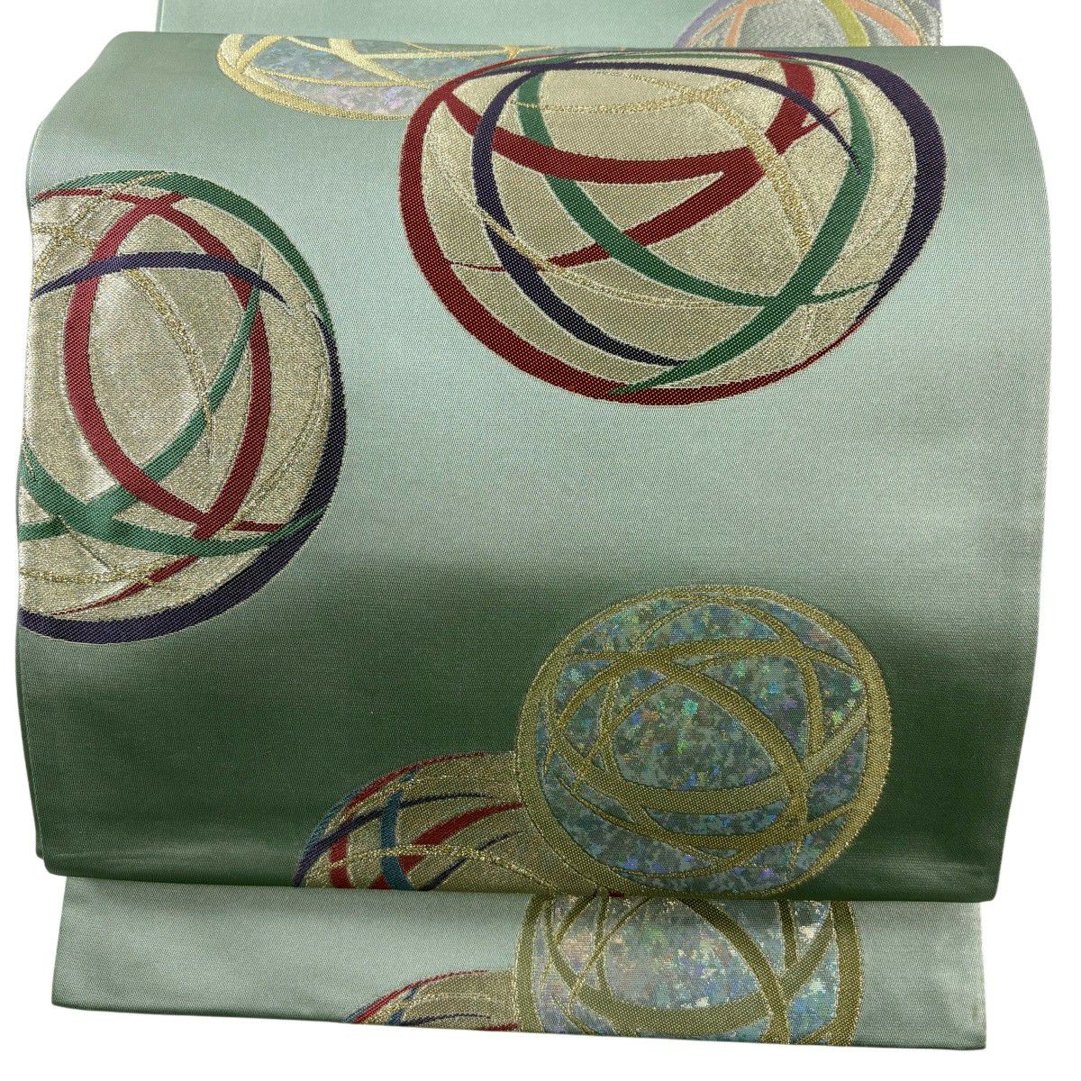 【美品】 袋帶 秀品級 鞠 金絲 金金箔 淺綠 六通 純蠶絲