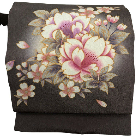 【美品】名古屋帶 秀品級 櫻花 絞織 焦茶 純蠶絲