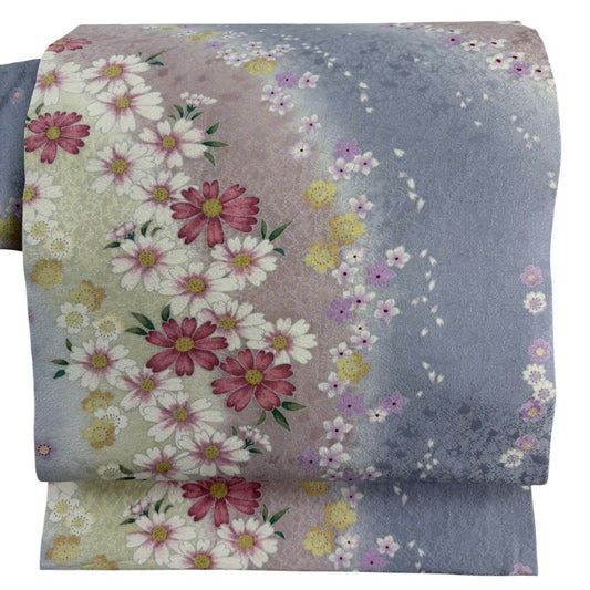 【美品】名古屋帶 秀品級 草花紋 灰紫 純蠶絲
