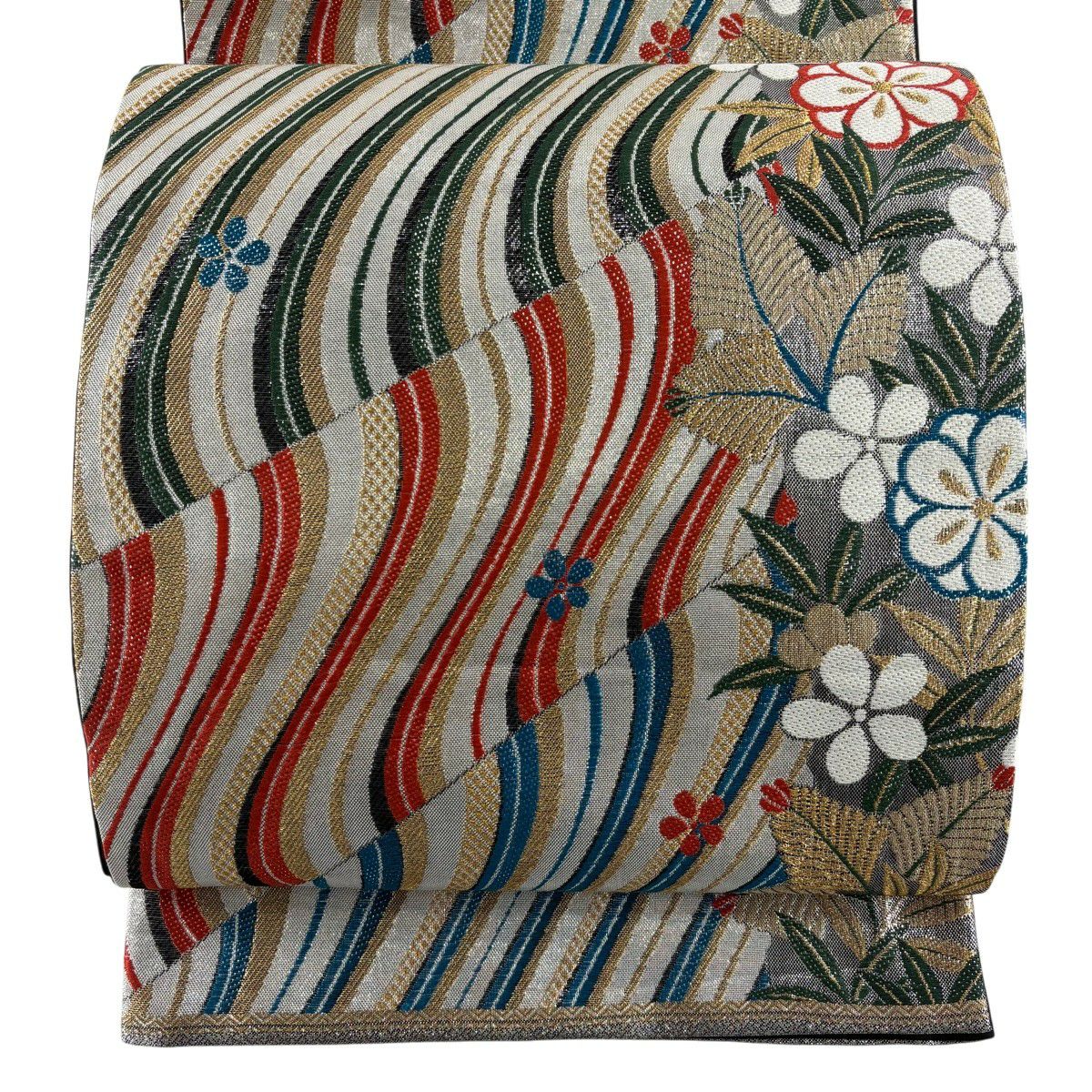 【美品】 袋帶 秀品級 振袖禮服禮服用 幾何學圖案 若松樹 金絲 金金箔 銀 六通 純蠶絲
