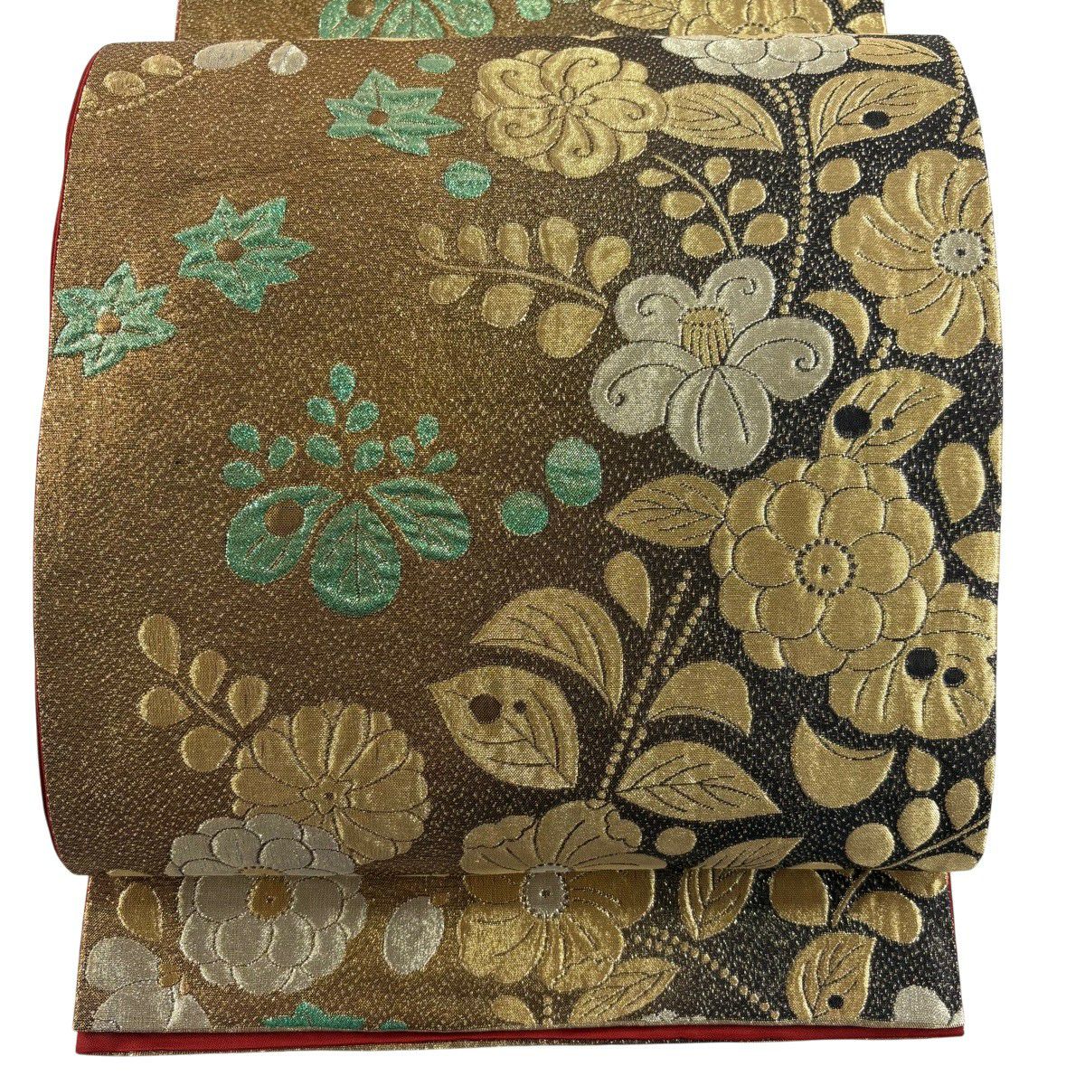 【美品】 袋帶 秀品級 辻花染圖案 金絲 金金箔 金茶 六通 純蠶絲