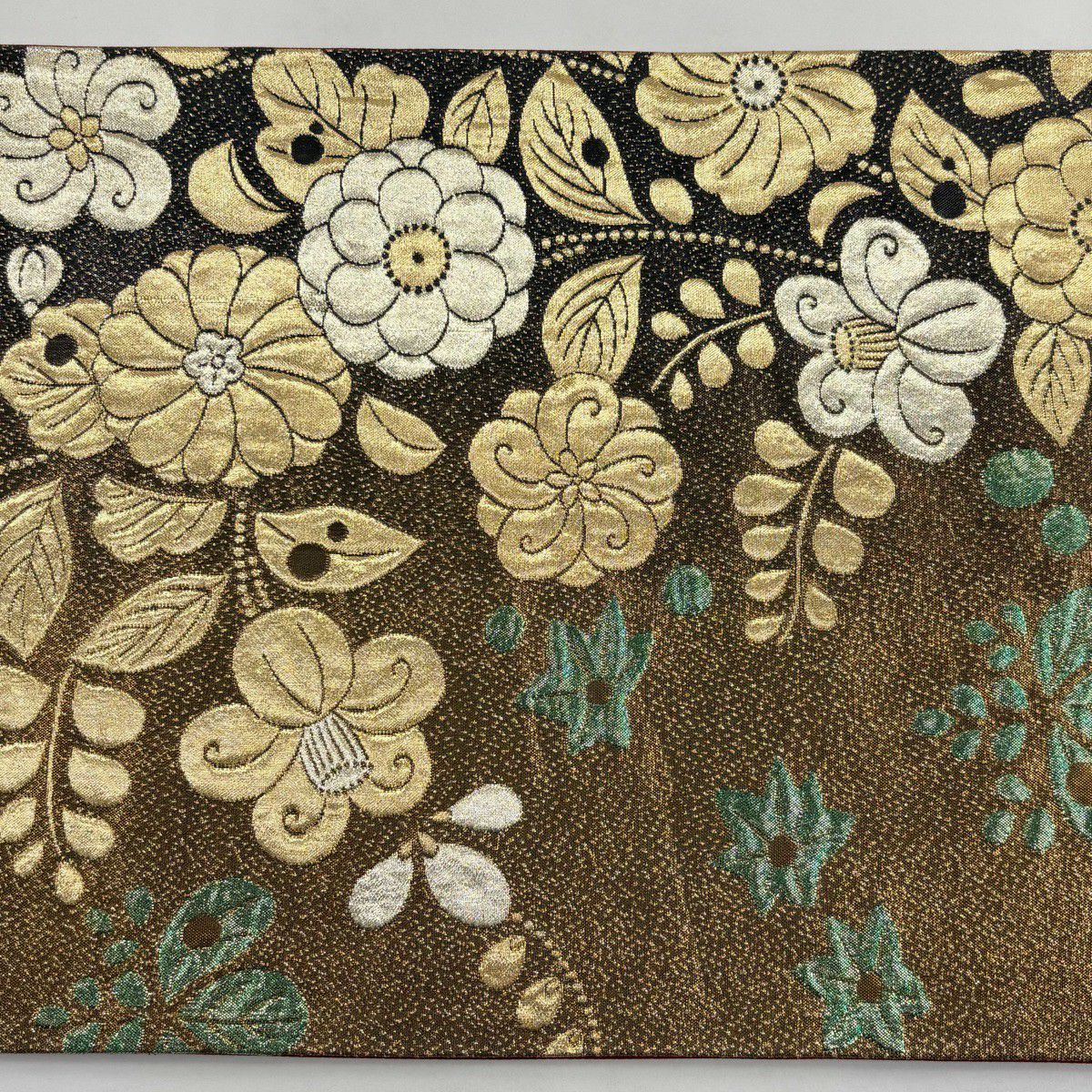 【美品】 袋帶 秀品級 辻花染圖案 金絲 金金箔 金茶 六通 純蠶絲
