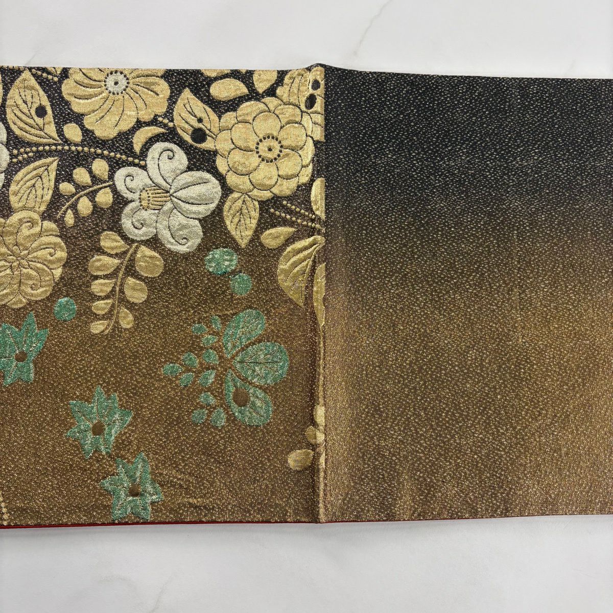 【美品】 袋帶 秀品級 辻花染圖案 金絲 金金箔 金茶 六通 純蠶絲