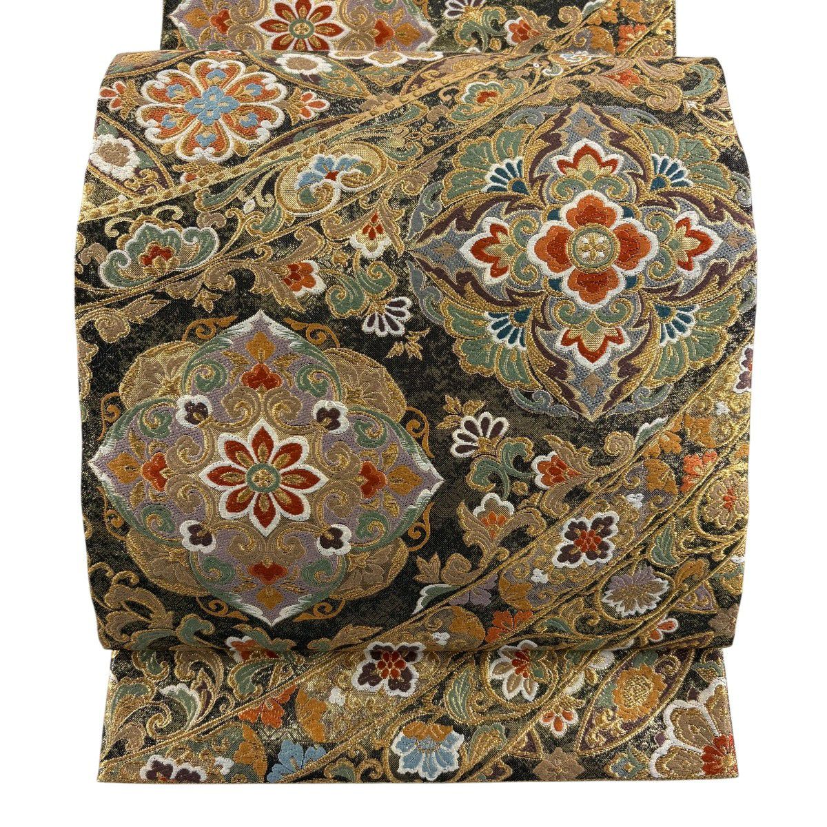 【美品】 袋帶 秀品級 煌優華更紗 金糸 金金箔 墨 深藍 六通 純蠶絲