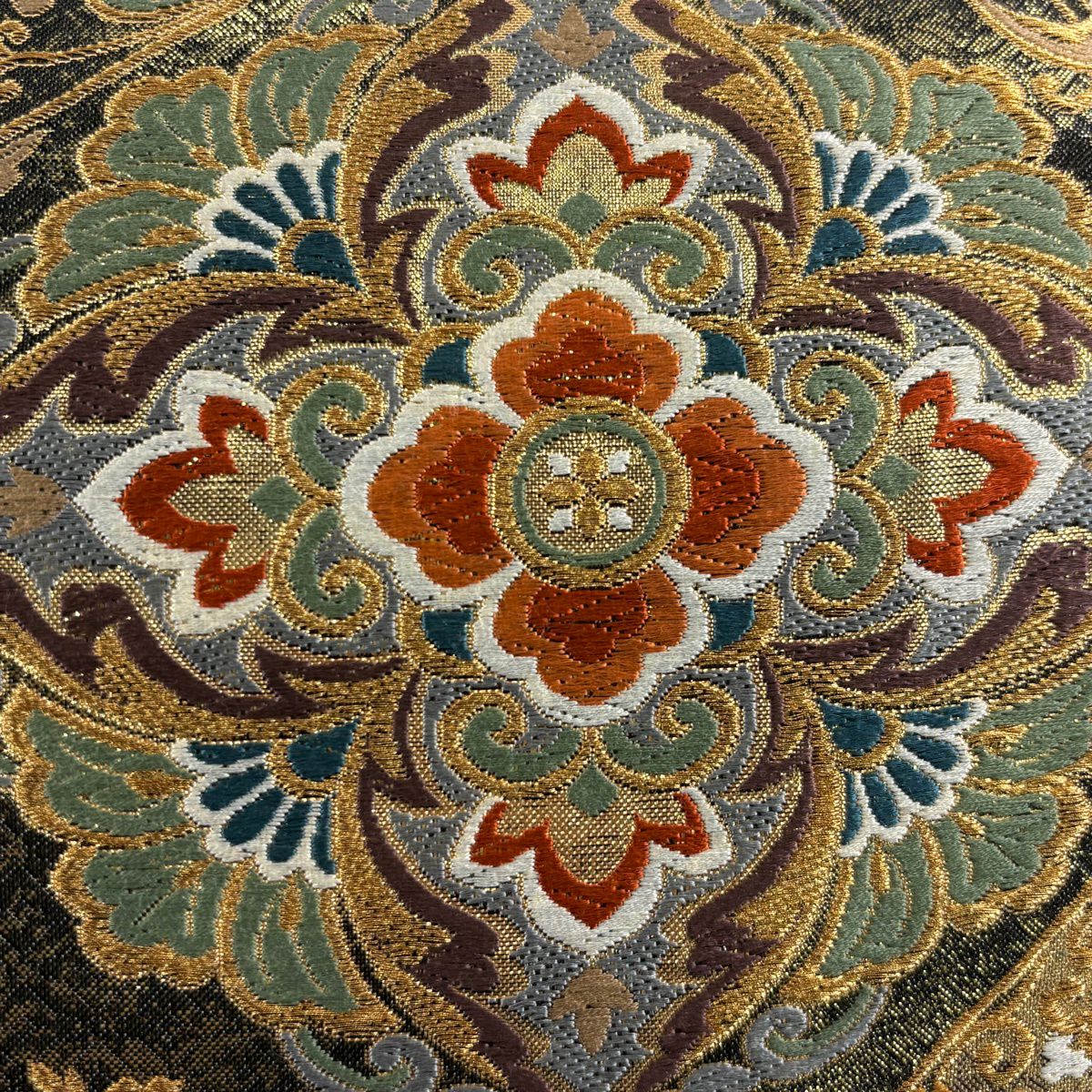 【美品】 袋帶 秀品級 煌優華更紗 金糸 金金箔 墨 深藍 六通 純蠶絲