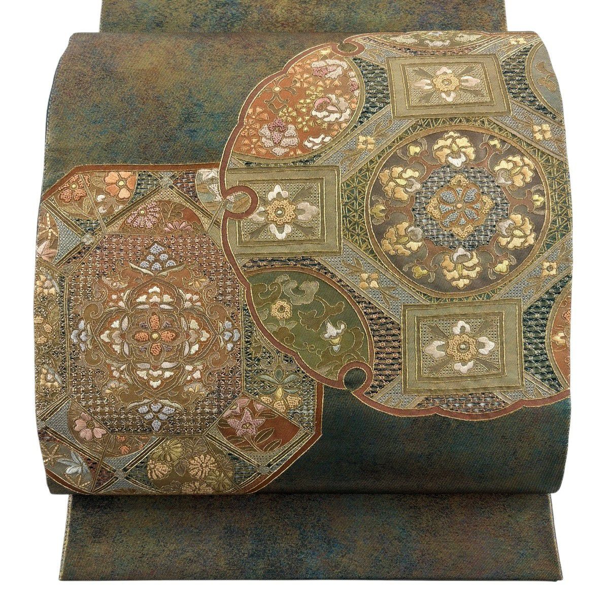 【美品】 袋帶 秀品級 雪輪 華紋 刺繡 金金箔 茶綠 純蠶絲 お太鼓柄