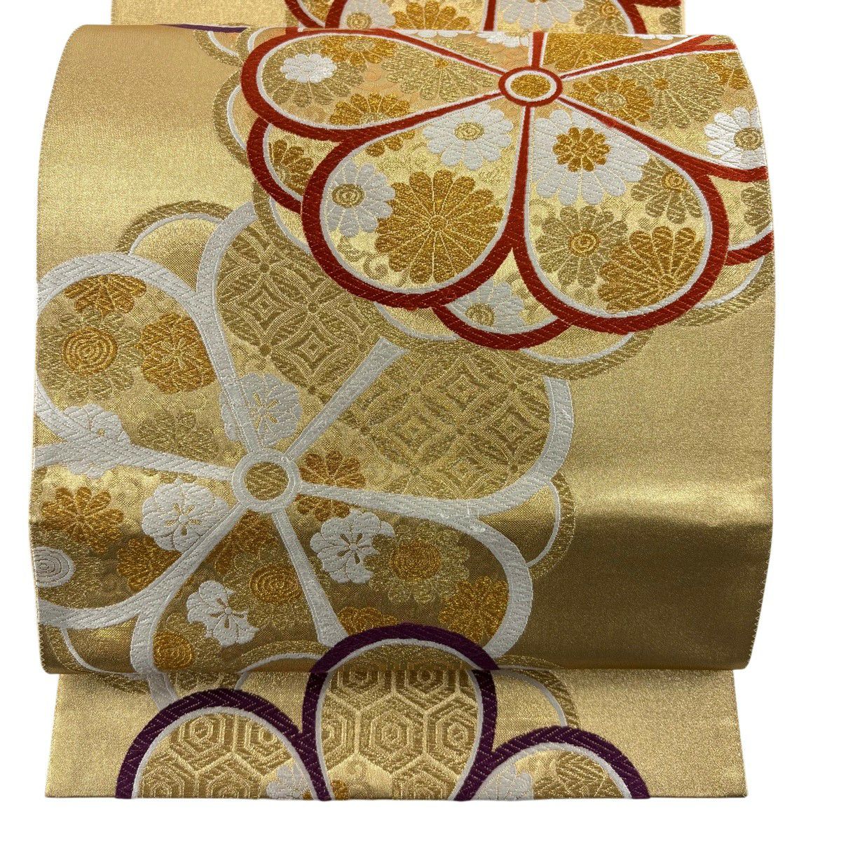袋帶 秀品級 振袖禮服禮服用 菊花花 有職紋樣 金絲 金金箔 金色 六通 純蠶絲