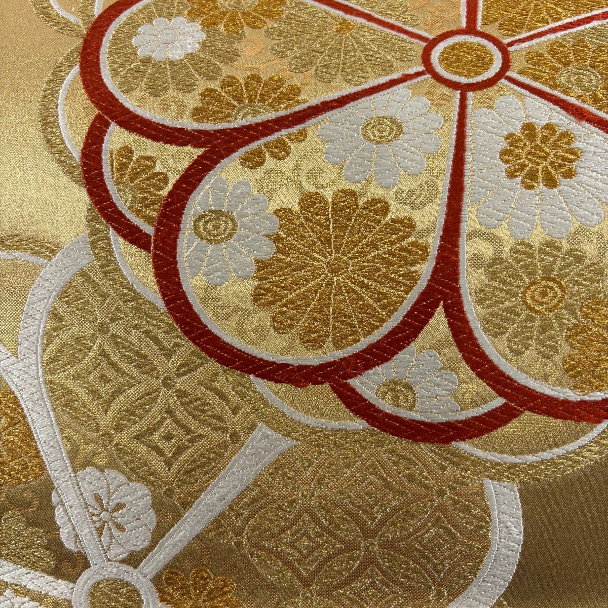 袋帶 秀品級 振袖禮服禮服用 菊花花 有職紋樣 金絲 金金箔 金色 六通 純蠶絲