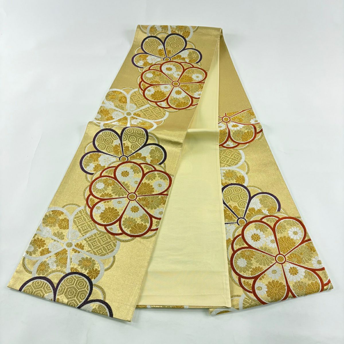 袋帶 秀品級 振袖禮服禮服用 菊花花 有職紋樣 金絲 金金箔 金色 六通 純蠶絲