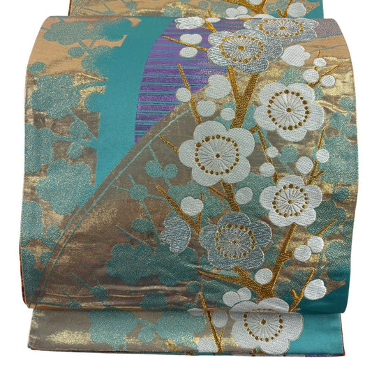 【美品】 袋帶 優品級 振袖禮服禮服用 枝梅花 金銀絲 金金箔 青綠 六通 純蠶絲