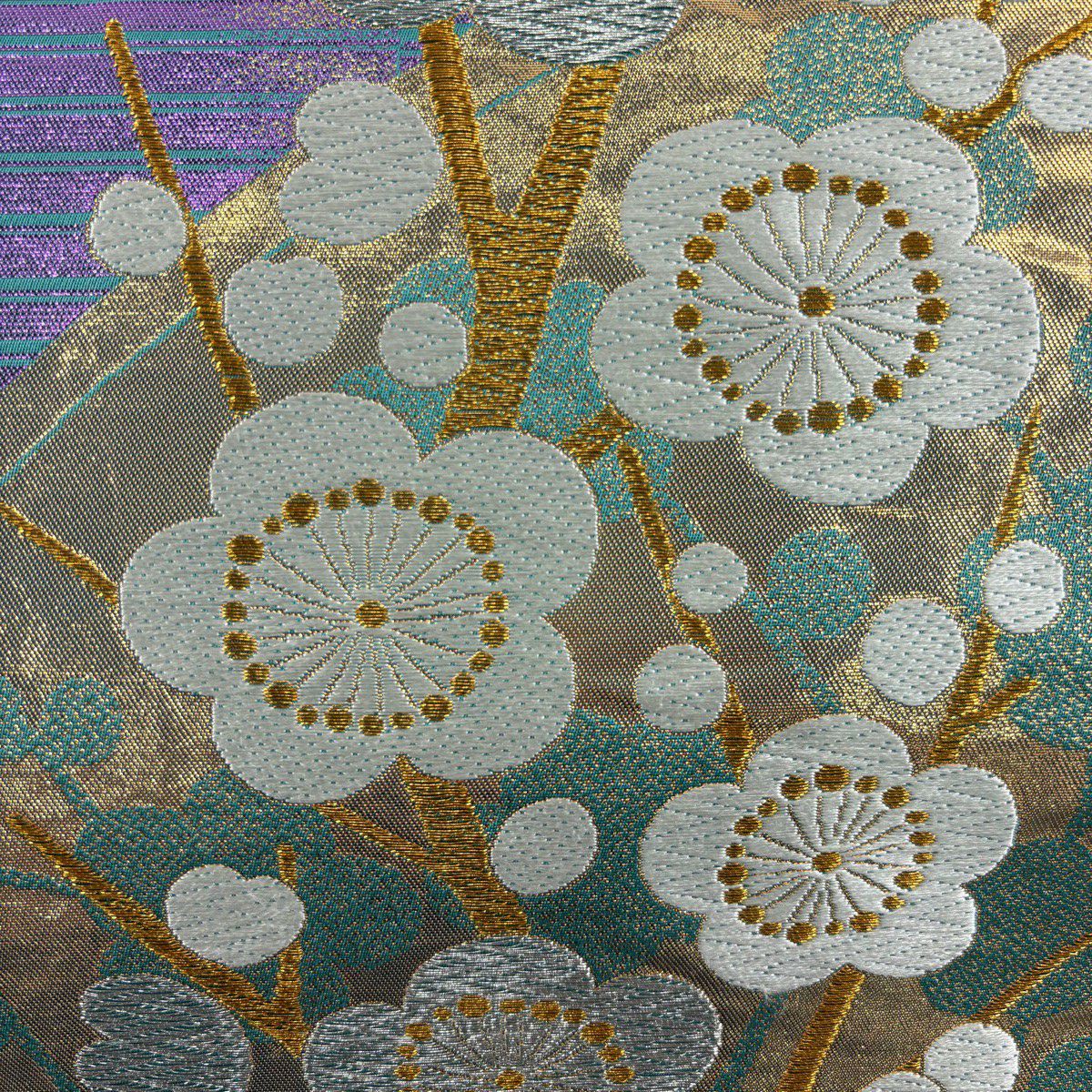 【美品】 袋帶 優品級 振袖禮服禮服用 枝梅花 金銀絲 金金箔 青綠 六通 純蠶絲