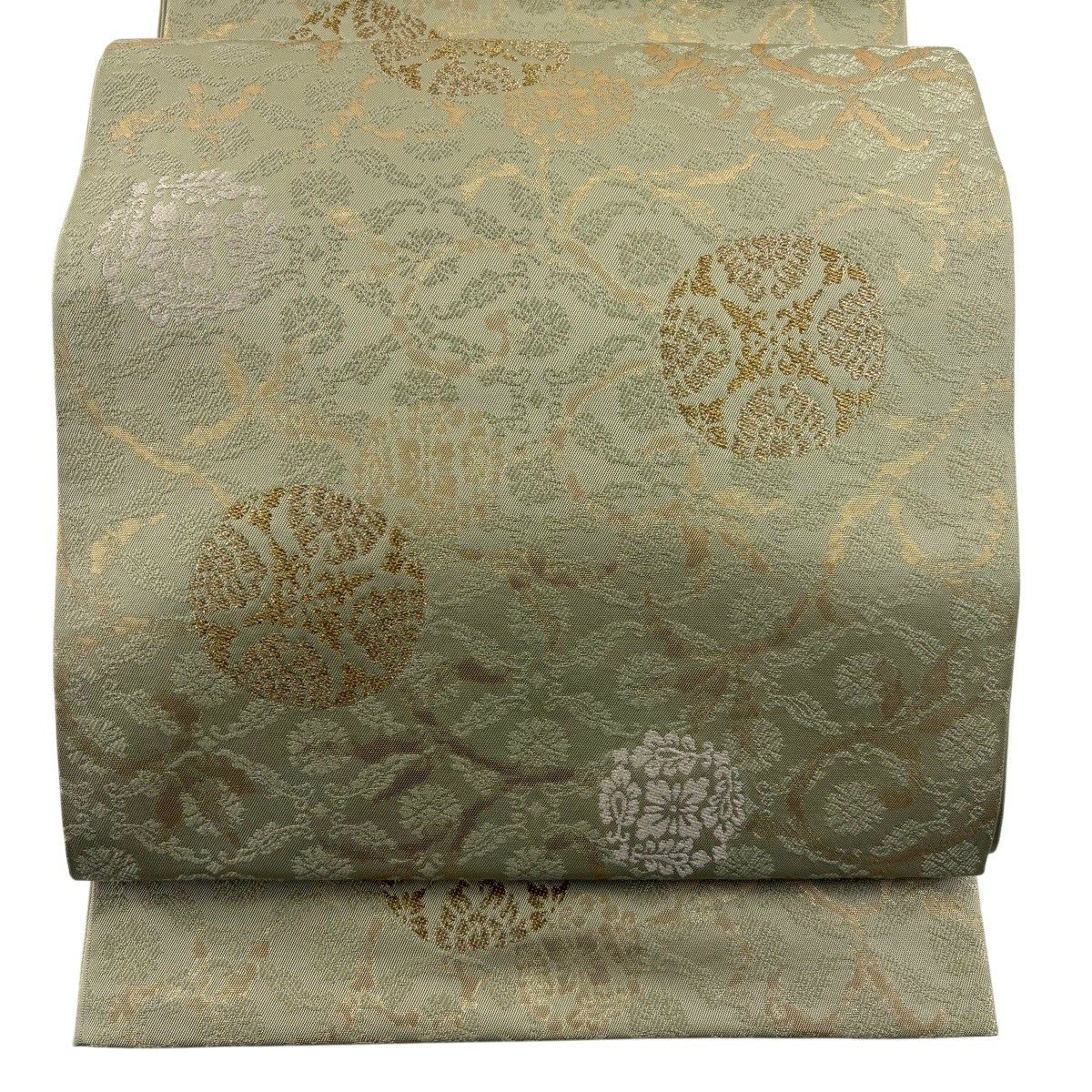 【美品】 袋帶 秀品級 浮線陵文 花唐草紋 金糸 金金箔 灰綠 六通 純蠶絲