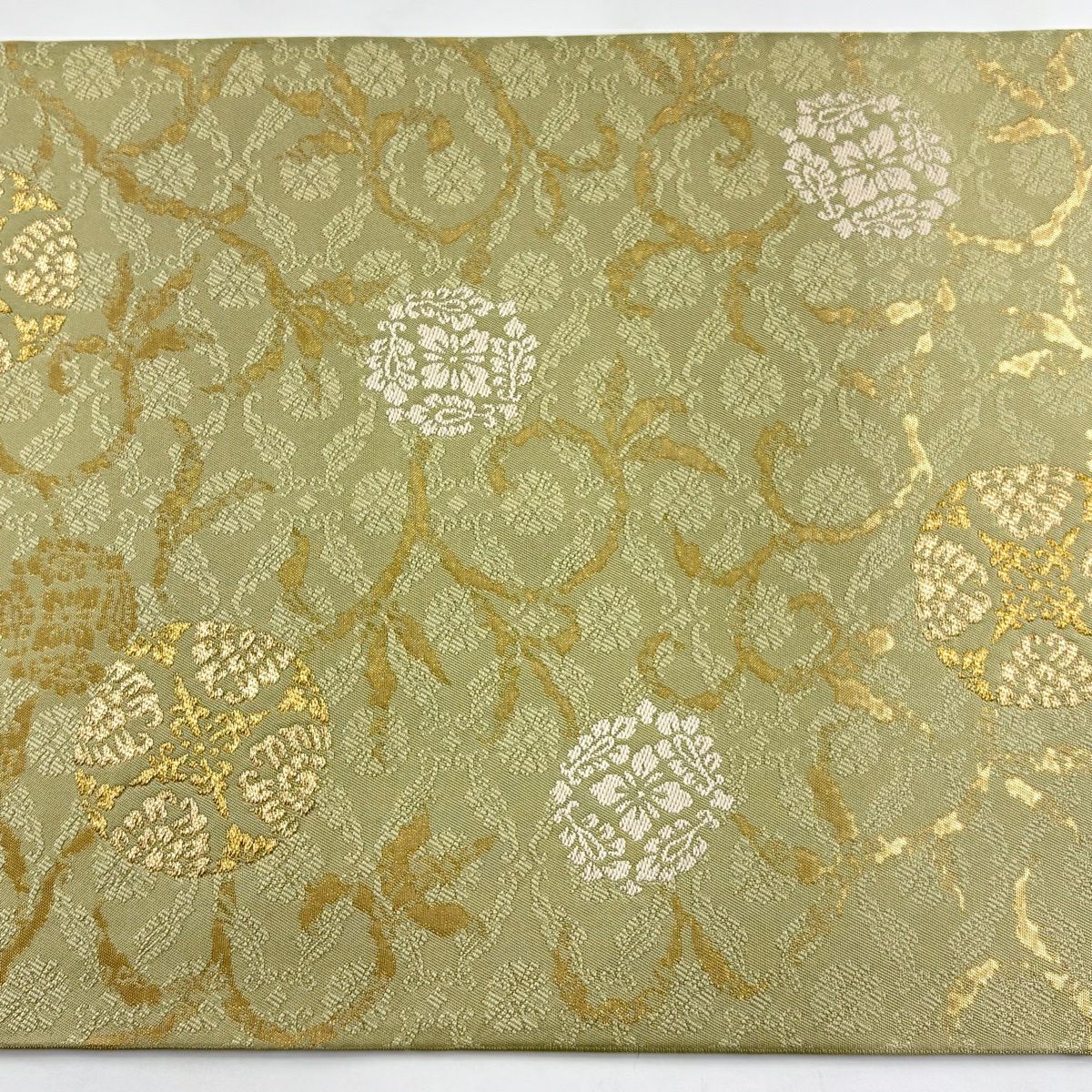 【美品】 袋帶 秀品級 浮線陵文 花唐草紋 金糸 金金箔 灰綠 六通 純蠶絲