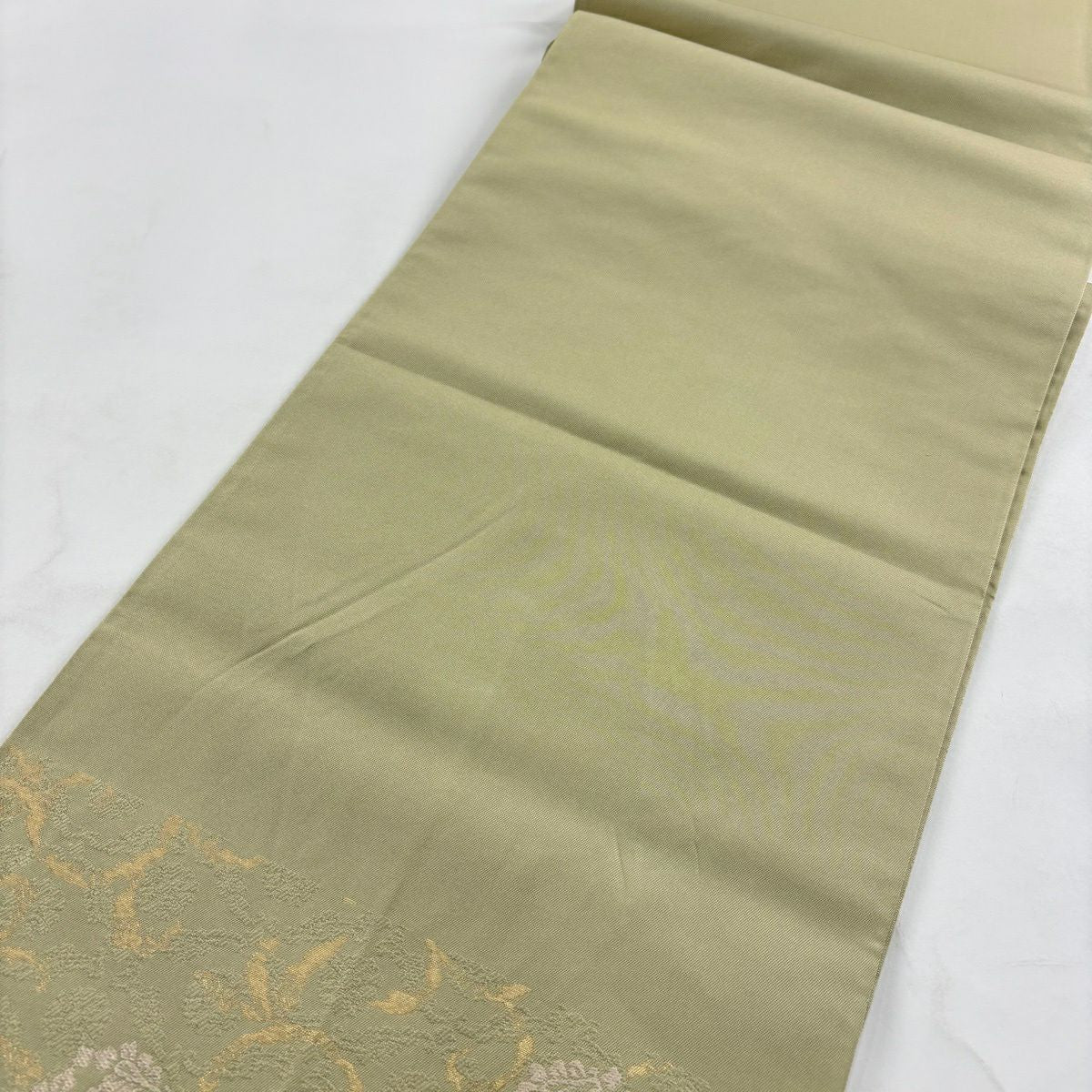【美品】 袋帶 秀品級 浮線陵文 花唐草紋 金糸 金金箔 灰綠 六通 純蠶絲
